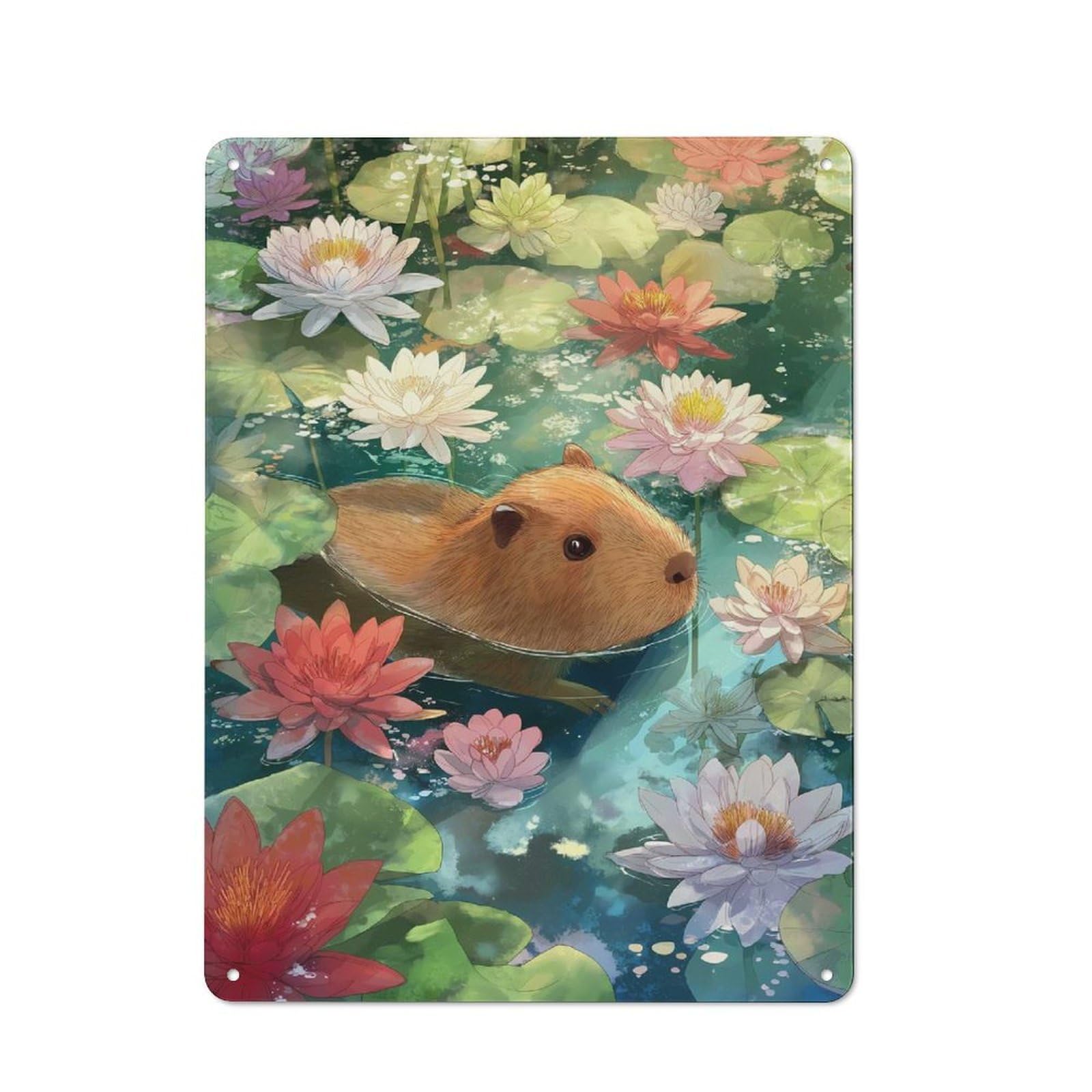 Junmoney Capybara In A Lily Pond Vintage Decorative Tin Plaque 40X30cm, Room Wall Plaque For Hallway, Home Bar, Garage Or Study