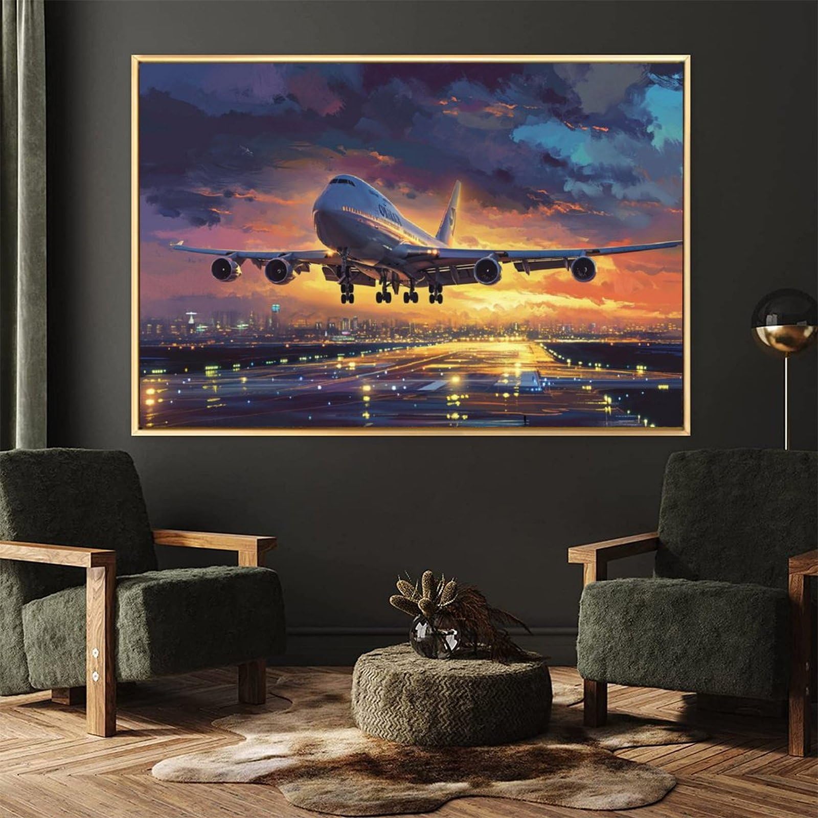 Amazon.co.jp: 絵画 夕暮れに着陸する飛行機インテリア 絵画 イラスト