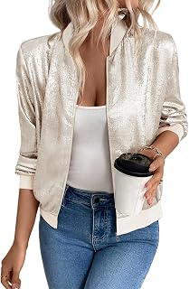 Women's Metallic Bomber Jacket Lightweight Zip Up Jackets Trendy Sparkly Coats Fashion Long Sleeve Outerwear Coats
