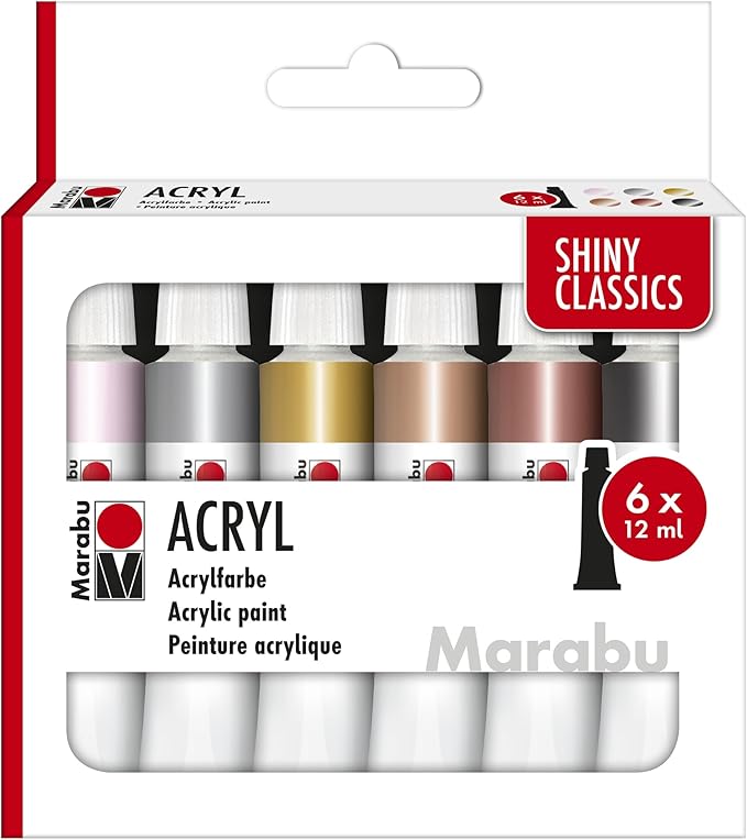 Marabu Acrylfarben Set SHINY CLASSICS, 6 x 12 ml metallisch schimmernde Farben, leicht vermalbar, schnell trocknend, lichtecht, wetterfest, für viele Maltechniken und Untergründe, 1210000000212 Marabu Acrylfarben Set SHINY CLASSICS, 6 x 12 ml metallisch schimmernde Farben, leicht vermalbar, schnell trocknend, lichtecht, wetterfest, für viele Maltechniken und Untergründe, 1210000000212