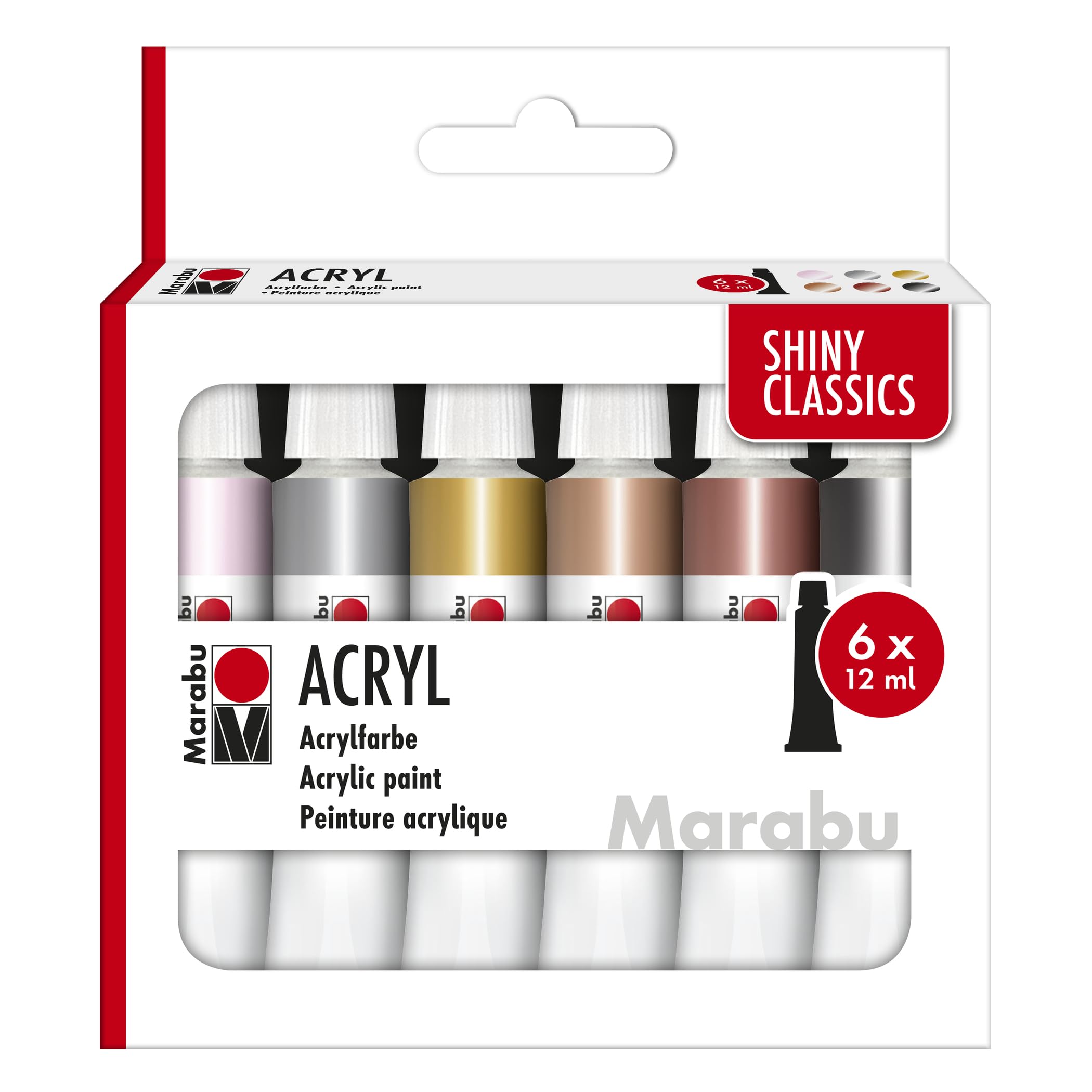 Marabu 6 Metallic Colours Shiny Classics 1210000000212 Acrylic Paint Set, 6 X 12 Ml, Metallic Shimmering Colours, Easy To Paint, Quick Drying, Non-Fading, Weatherproof, For Many Painting Techniques And Surfaces
