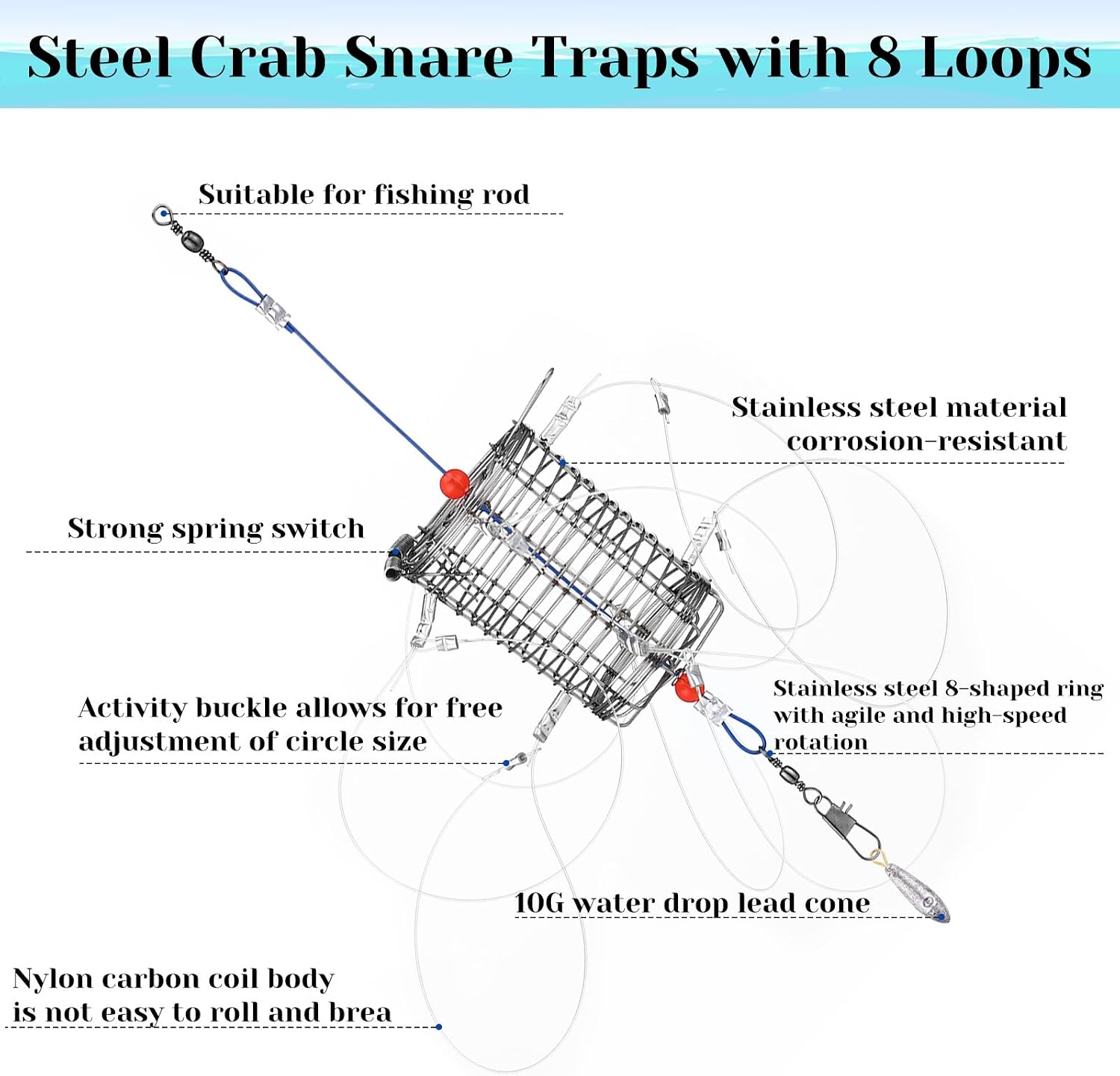 4 Pack 8-Loop Crab Trap with Crab Gauge Stainless Steel Cylindrical Snare Traps for Fishing Pole Catches Dungeness, Rock and Blue Crabs Crabbing Equipment