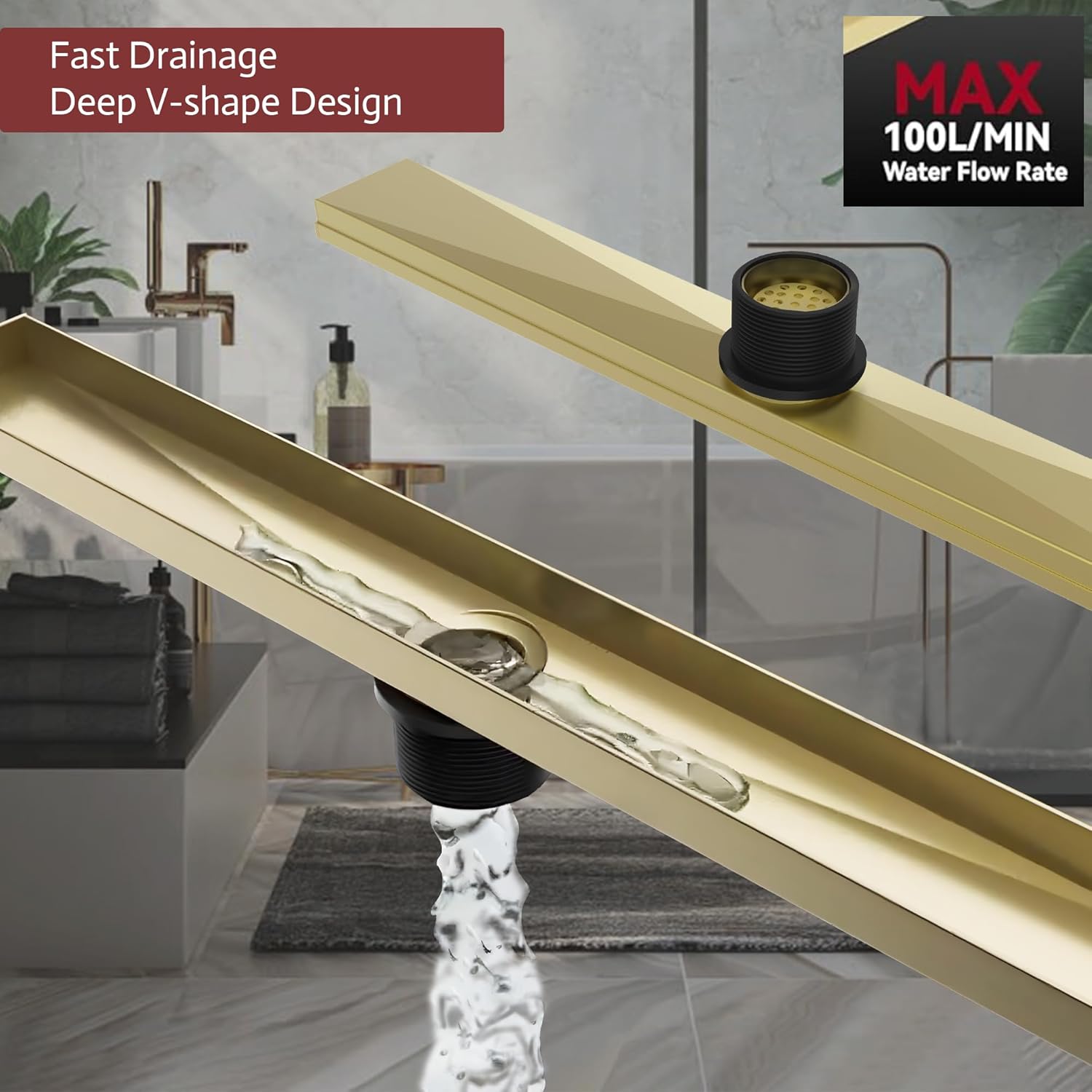 32 Inch Linear Shower Drain, Brushed Gold Shower Drain,Removable Grate, 304 Stainless Steel, Easy to Install and Clean for Bathrooms (Drain Base Not Included), LSD-14A-32G