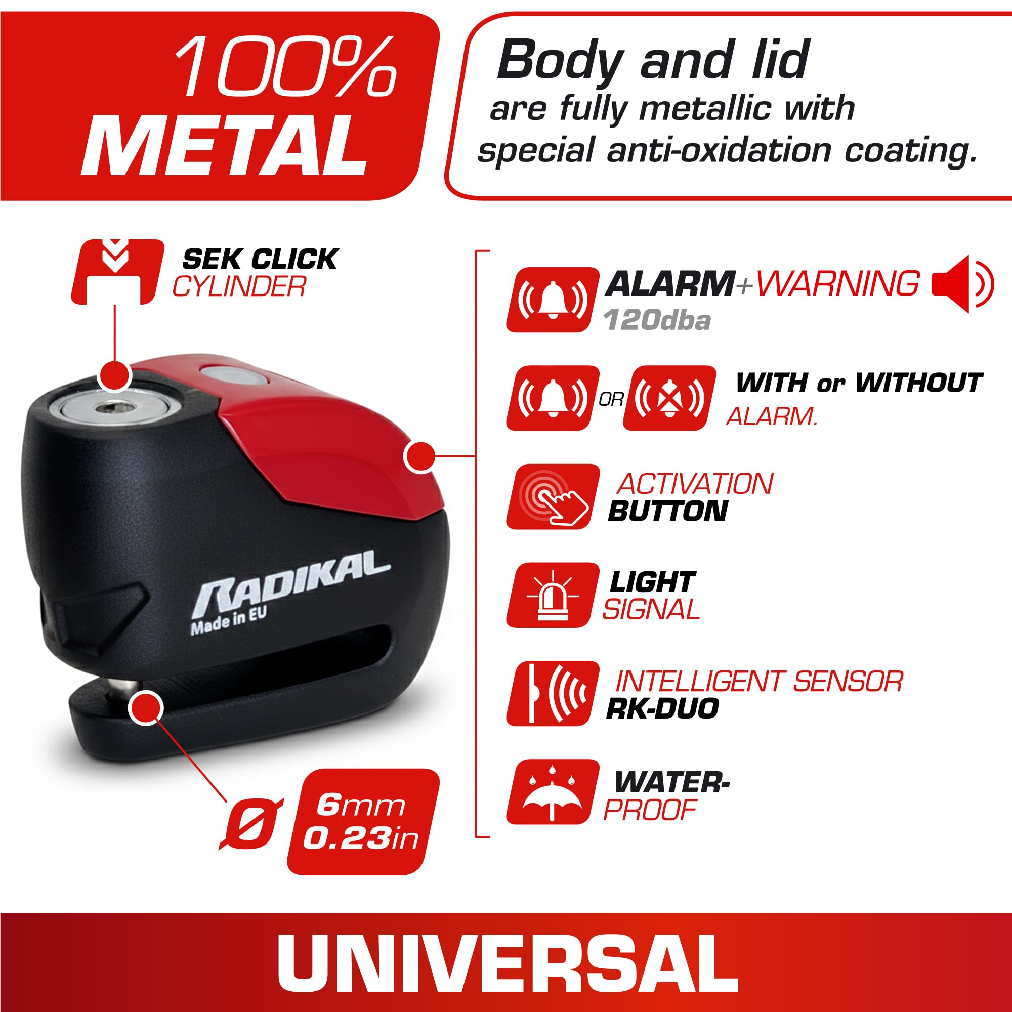 Radikal RK9, Motocykl Lock, zabezpieczający przed kradzieżą Disc, 120 dB Alarm z Chime + LED, Universal