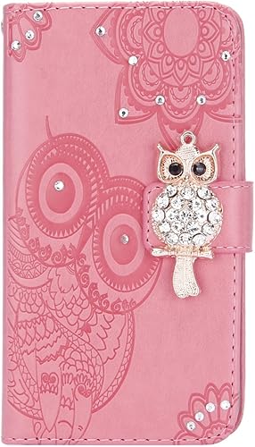 Jinghuash Kompatibel mit iPhone X XS HA lle Bling Glitzer GlA nzend Diamant Leder Flip Case Brieftasche Ledertasche Wallet Eule Muster KlapphA lle KartenfA cher LederhA lle HandyhA lle-Rosa