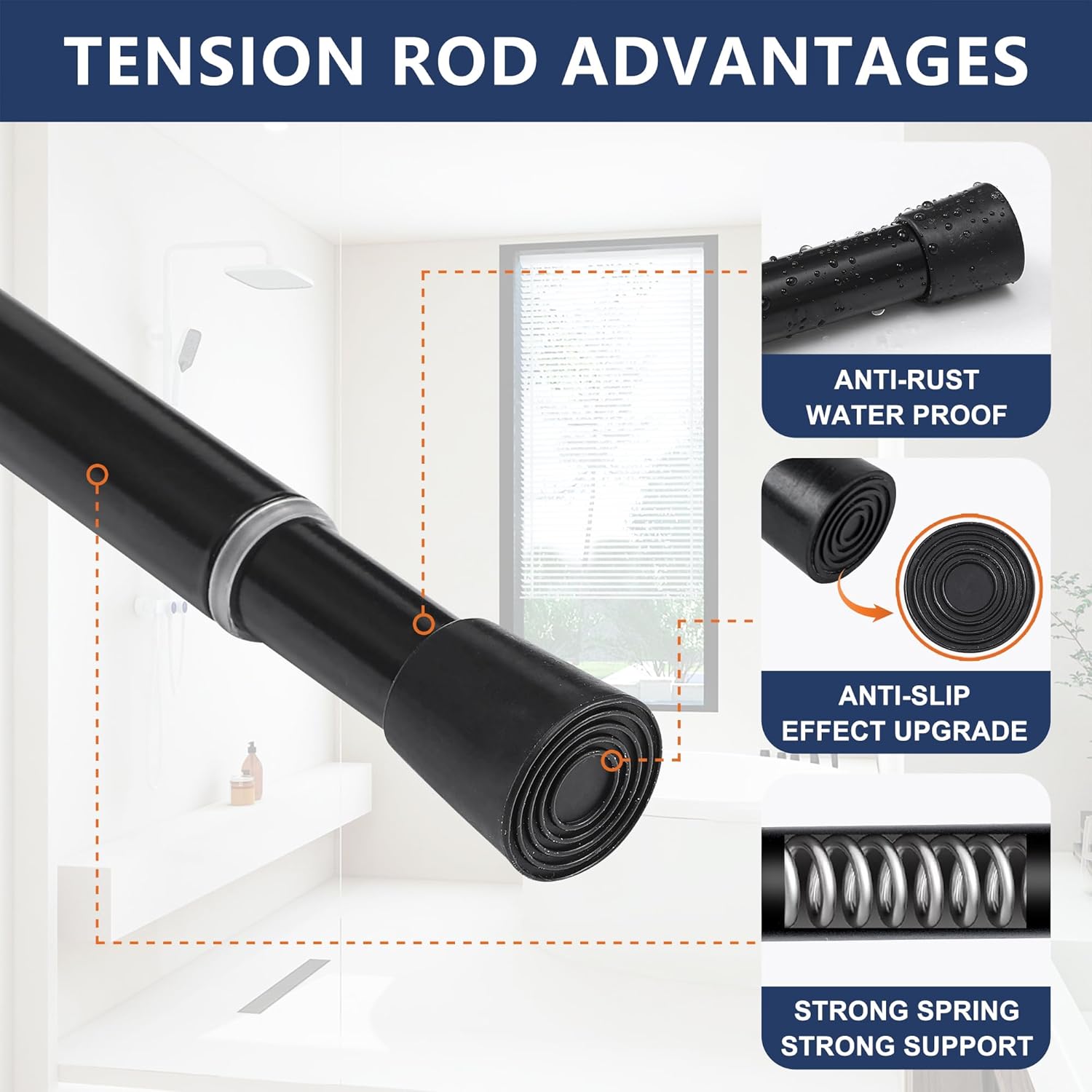 Adjustable Shower Curtain Rod 28 to 64.5 Inches, Small Spring Tension Curtain Rod, No Drill Curtain Rods for Windows, Bathroom, Closet, Non-Slip, 0.86" Diameter, Black, 2 Pieces
