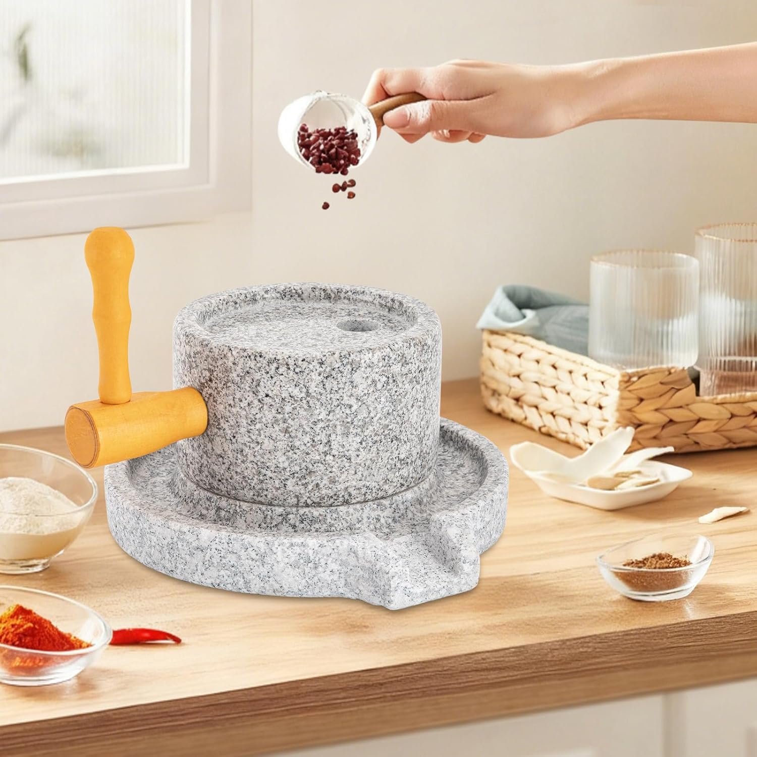 Stone Grain Mill Grinder for Home, Natural Stone Countertop Manual Flour Mill for Wheat, Spices & Coffee Beans, Ideal for Breads & Tortillas (Grey Stone Mill Only)