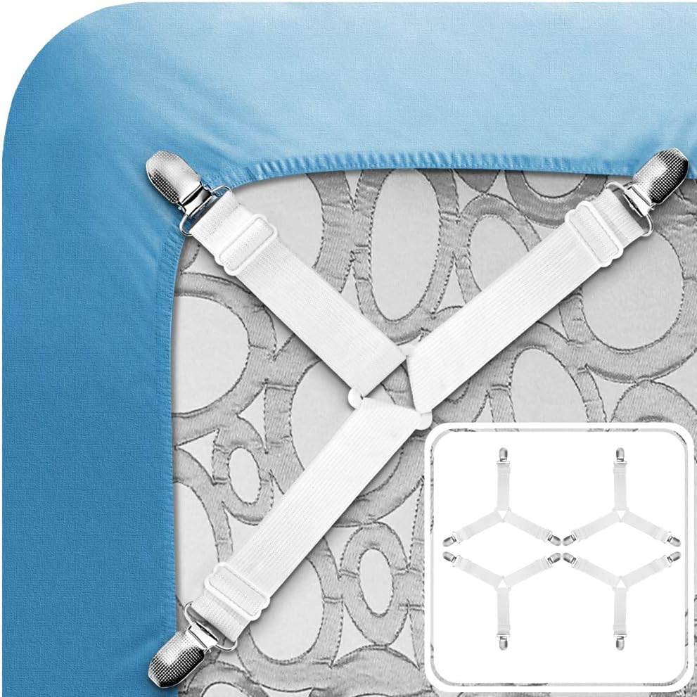Adjustable Bed Sheet Fasteners, Triangle Non-Slip Elastic Holder Straps Corner Clips with Heavy Duty Grippers Clips (Set of 4 - White)