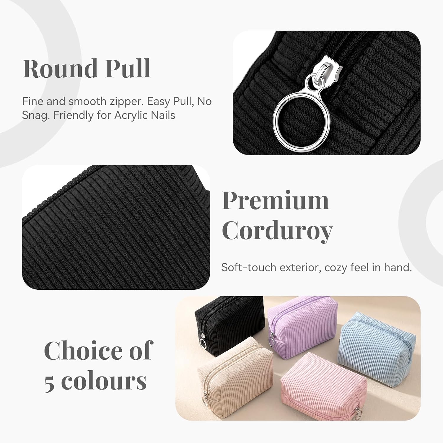 MAGEFY Corduroy Makeup Bag - Small Travel Cosmetic Pouch for Women, Portable Mini Zipper Purse with Everyday Essentials for Office, or Trip (Black)