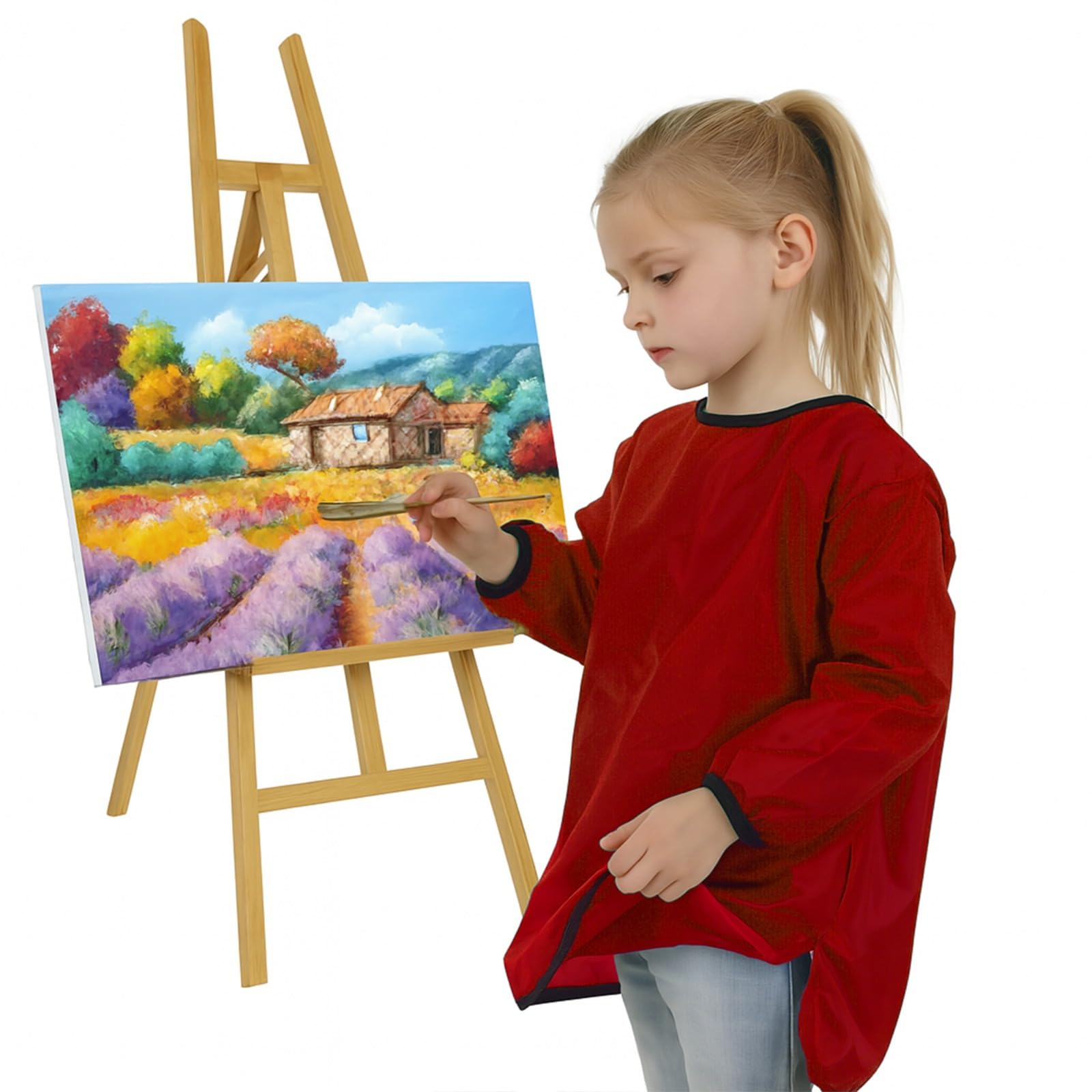 ND Sports Kids Waterproof Art Smock – Long Sleeve Painting Apron for Boys & Girls – Protective Artist Smock with Front Pocket – Ideal for Crafts, School & Home Activities (Red, 2-3 Years)