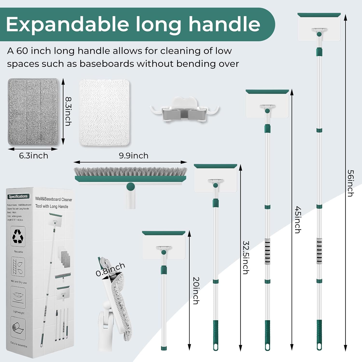 Baseboard Cleaner Tool with Handle, 60" Extendable Long Handle Baseboard Cleaner with 5 Reusable Pads for Baseboards Cleaning, Ceiling, Wall, Floor, Bathroom, Kitchen Green