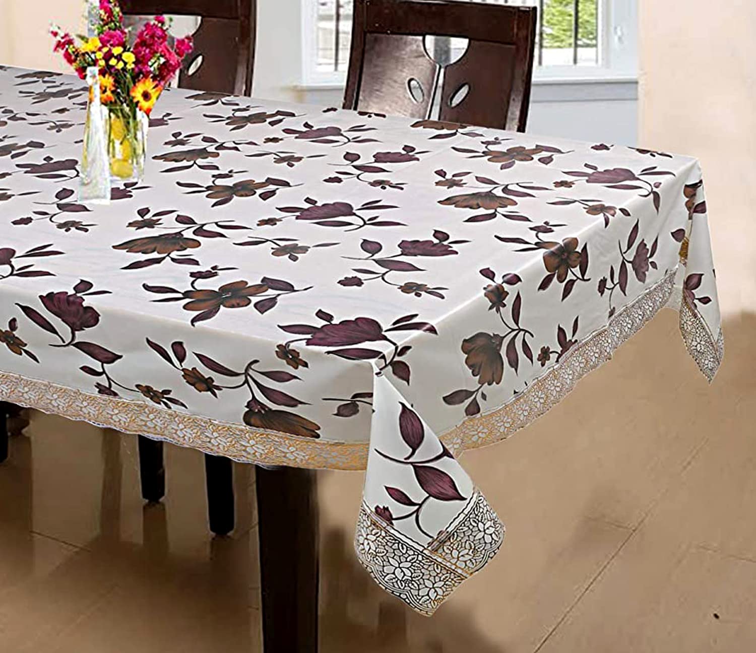 Kuber Industries Floral Print Dining Table Cover 6 Seater|Exclusive Table Cloth|Table Sheet For dining, Party, Events|Waterproof Table Protector|Indoor And Outdoor Use "90x60" (Cream & Brown)