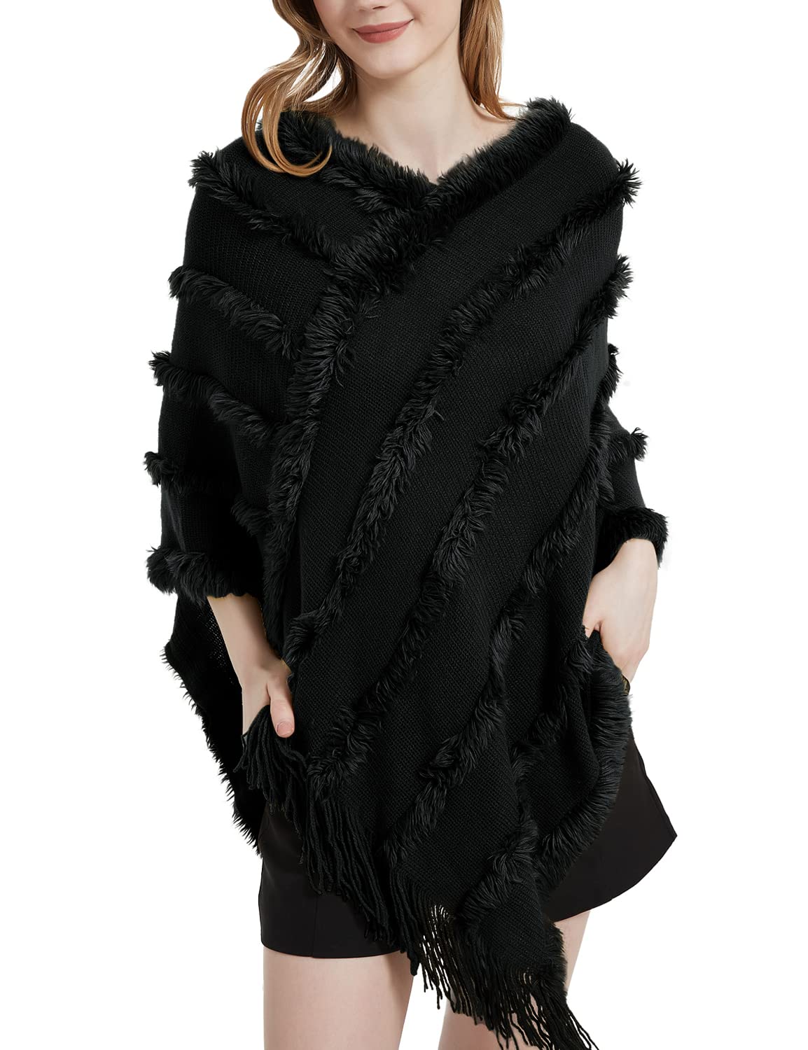 JFAN Poncho Donna Invernale Mantella Scialle in Maglia con Scollo a V Peluche Leggero Coprispalle Donna Elegante