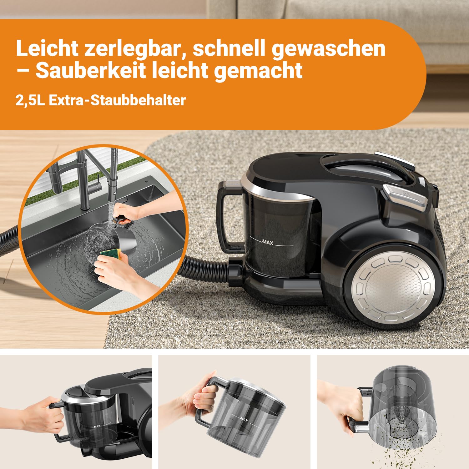 Beutelloser Staubsauger 1200W Starke Saugleistung,Kompakt Leicht Bodenstaubsauger ohne Beutel,Leiser <70dB,2,5L Staubbehälter,Bodendüse für Hartböden Teppiche,Waschbarer HEPA-Filter