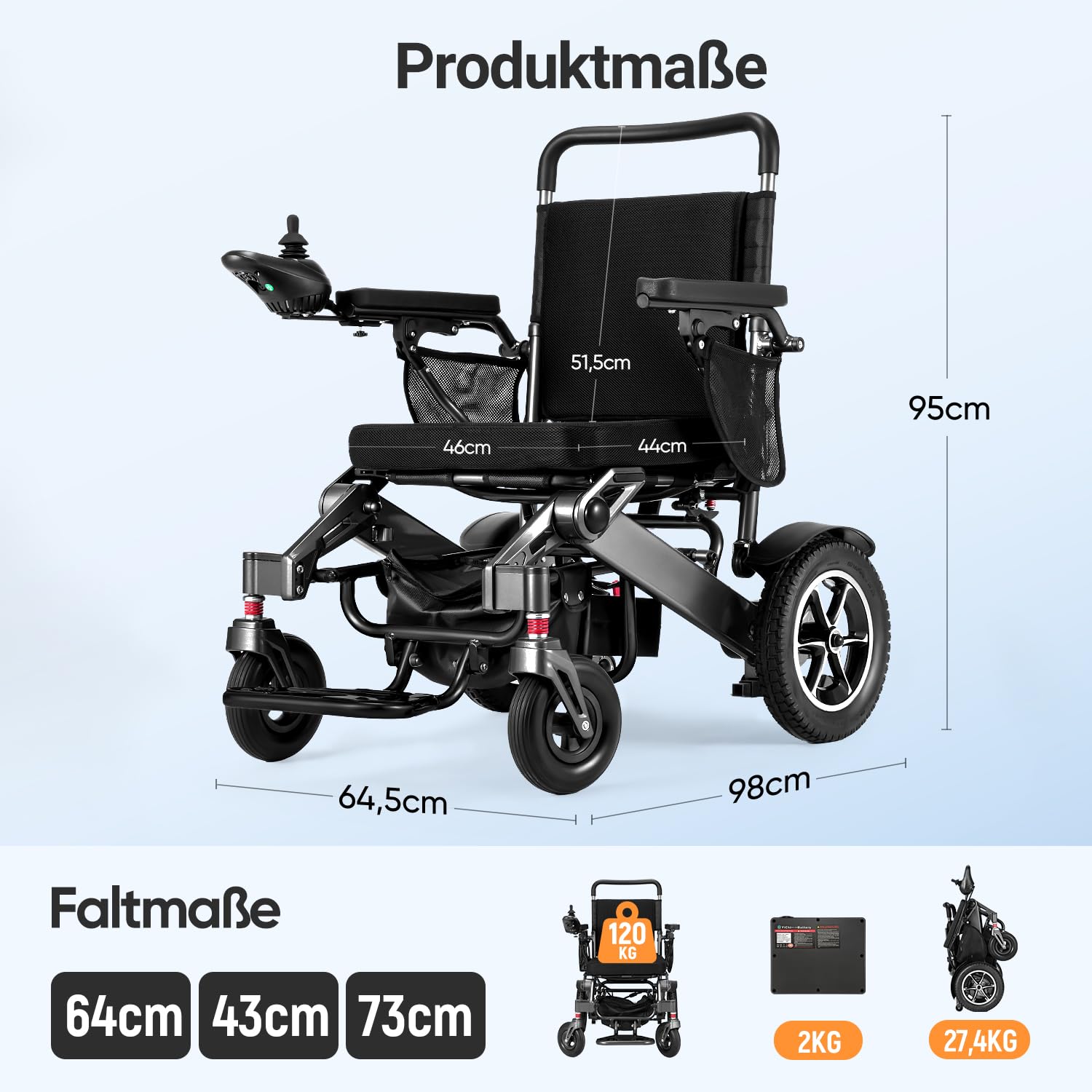 Wefree Elektrischer Rollstuhl Faltbar Leicht, 40 km Reichweite, 500 W Dual-Antrieb, 47 cm Sitzbreite, Kompakt faltbar in 3 Sek., Abnehmbarer Lithium-Akku, Belastbar bis 100KG, für Senioren