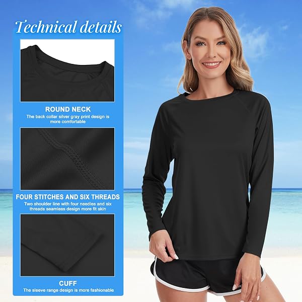 Rash Guard - Confezione da 2 magliette da donna a maniche lunghe, protezione UPF 50+, SPF e UV, colore nero - 3