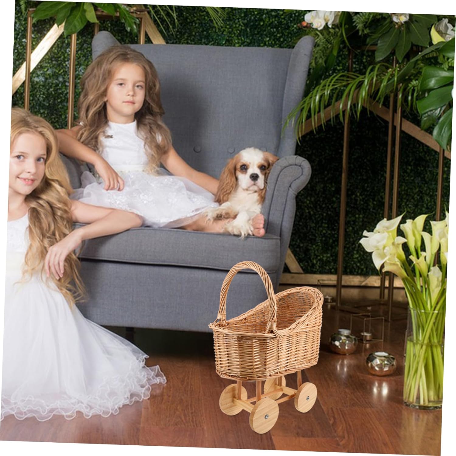 Handwoven Doll Stroller Flower Basket for Weddings Showers Elegant Light Brown Centerpiece for Decorations