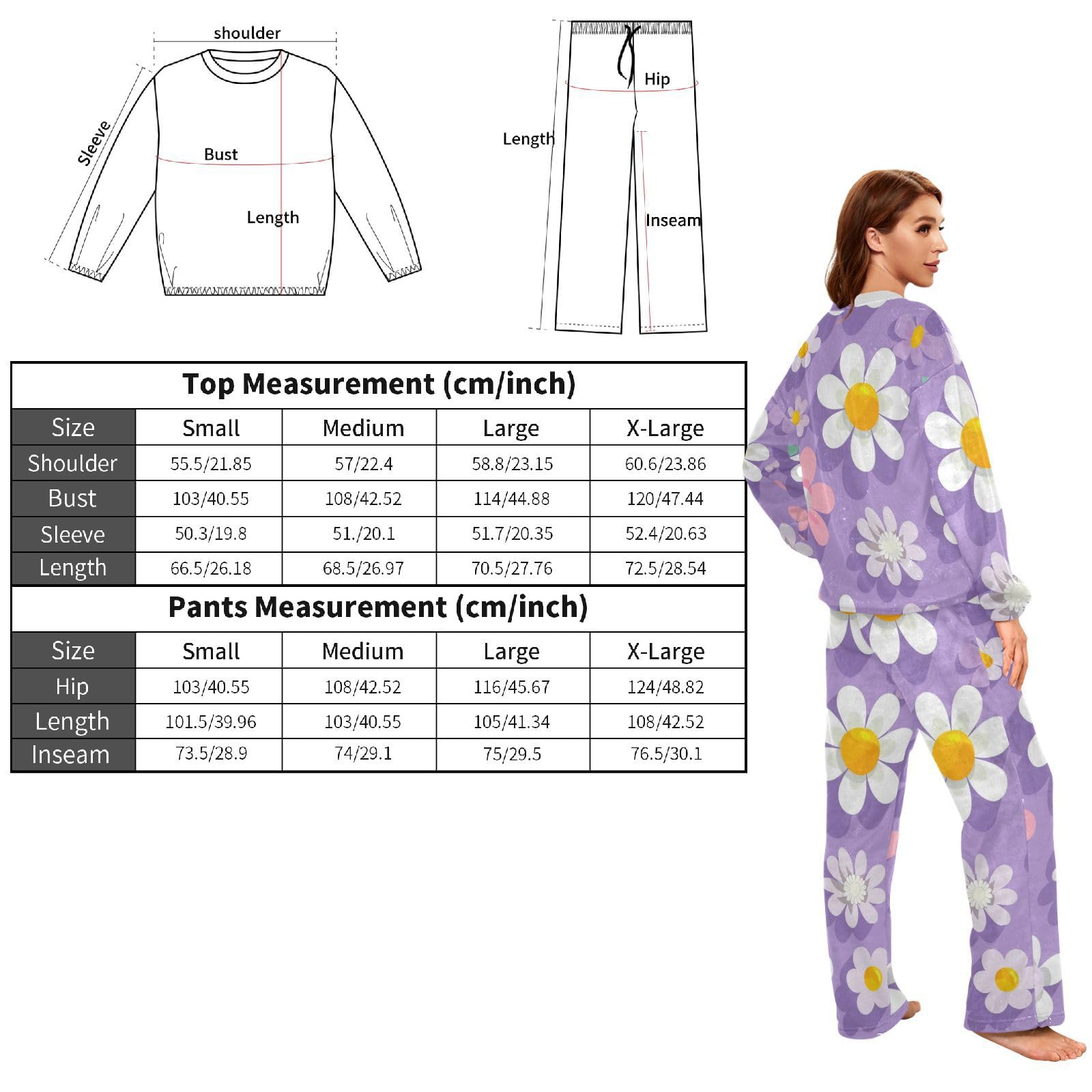 Viola Floreali Colorati Daisy Morbido Donne Pile Pigiama Set Manica Lunga Pjs Lounge Set con Tasche