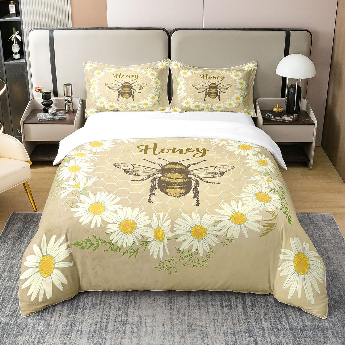 100% Cotton Kawaii Honey Bee Bedding Set Queen, Cute Geometric Honeycomb Duvet Cover, Farm Rustic Daisy Floral Comforter Cover for Kids Girls Teen, Soft Breathable Quilt Cover with 2 Pillow Cases