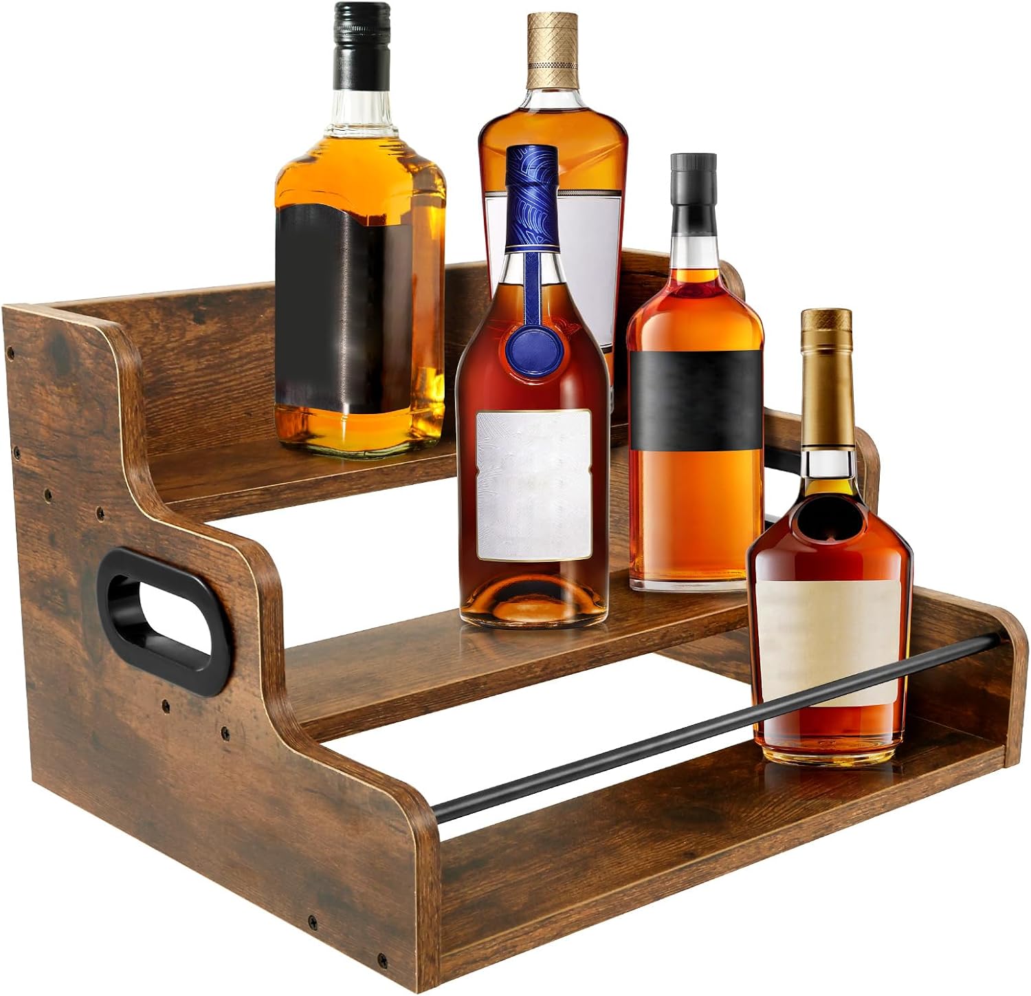Liquor Bottle Display Shelf, Coffee Syrup Rack Organizer, Holds up to 12 Bottles, 3 Step Countertop Wine Rack, Mini Bar, Retro Bar Shelf Stand for Whiskey, Spirits
