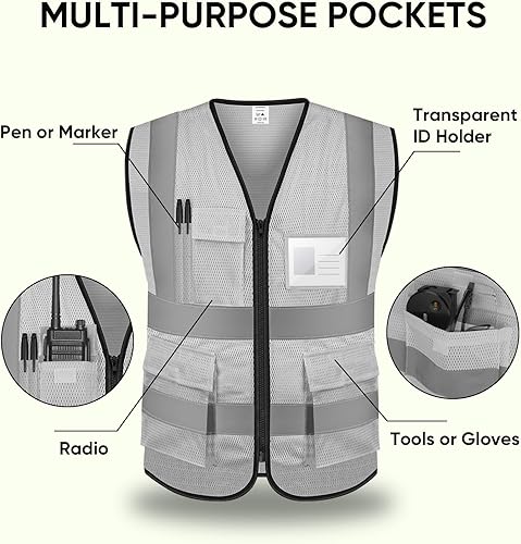 Vista 52 de TICONN Chaleco de seguridad reflectante de alta visibilidad clase II chaleco de malla para mujeres y hombres cumple con las normas ANSI Blanco