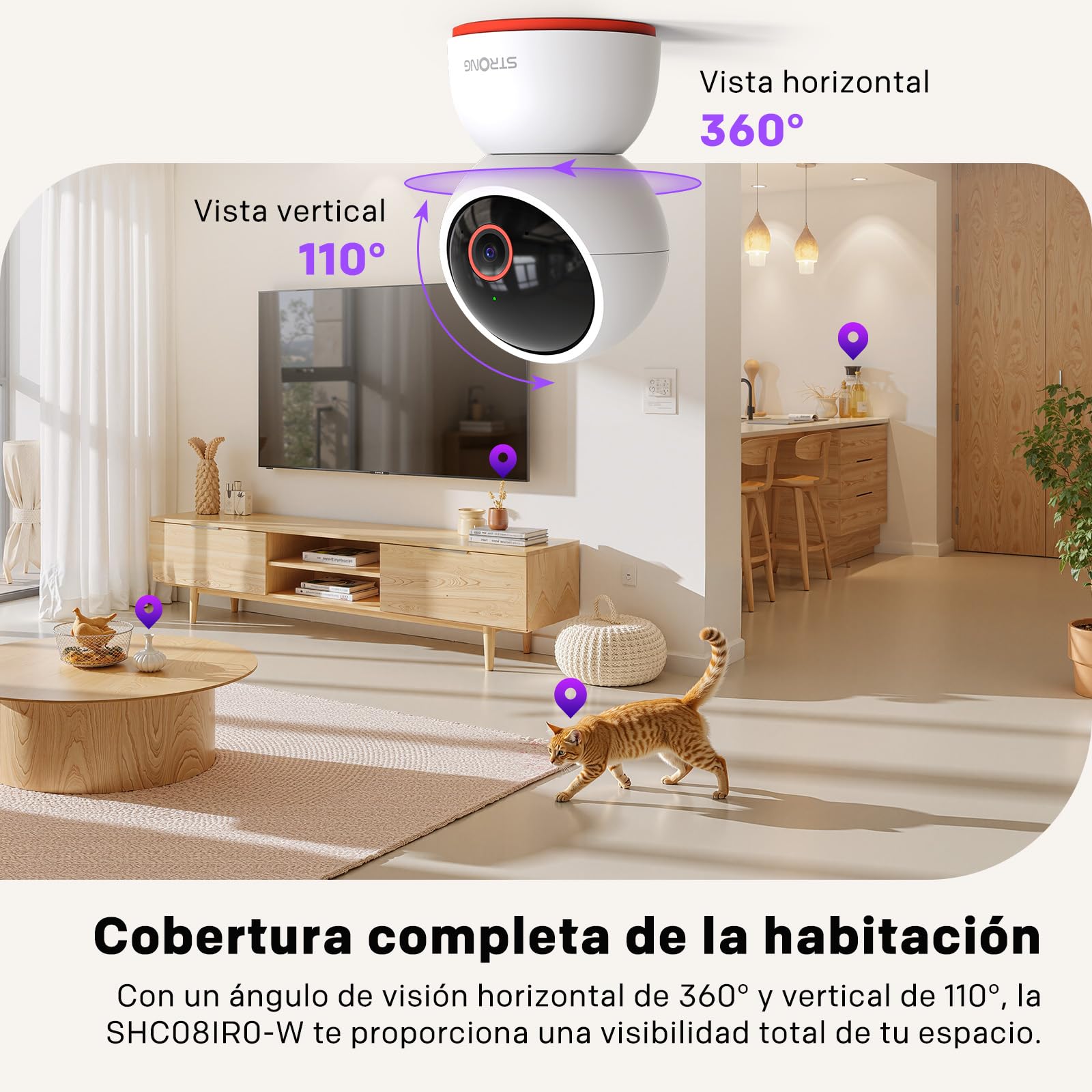 Cámara de seguridad interior 4K de 8 MP, visión panorámica e inclinación de 360°, detección movimiento, wifi 2.4G/5G, visión nocturna, almacenamiento en la nube y tarjeta SD de 512 GB, aplicación.