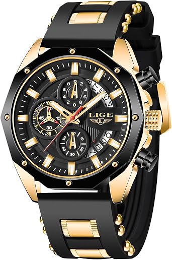 LIGE Wrist Mens Watches Analogue Gents Chronograph Men's Vintage Waterproof Watch for Men Analog Dress Work Casual Unique Quartz 3ATM Water Resistant Silicone Luminous Date Daily