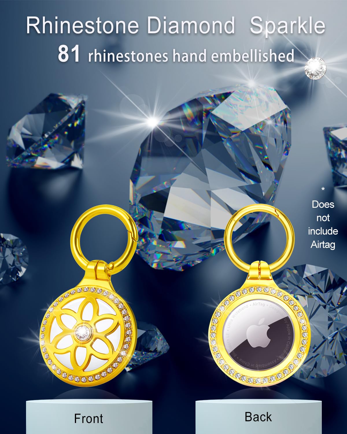 DEERLET Airtag Holder 2 Pack,Metal Badge Rhinestone Airtag Key Chain,Diamonds Shine Air Tag.Holder Keychain,Air Tag Key Chain Compatible Apple Air tag.Gold