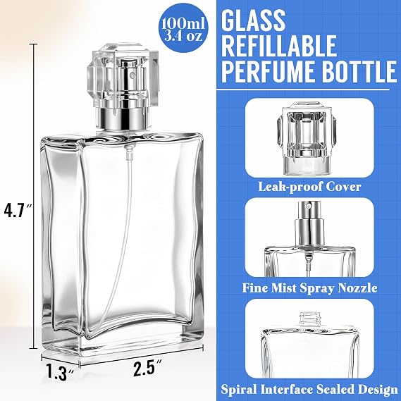 Refillable 100ml 3.4oz Glass Perfume Atomizer Empty Spray Bottle