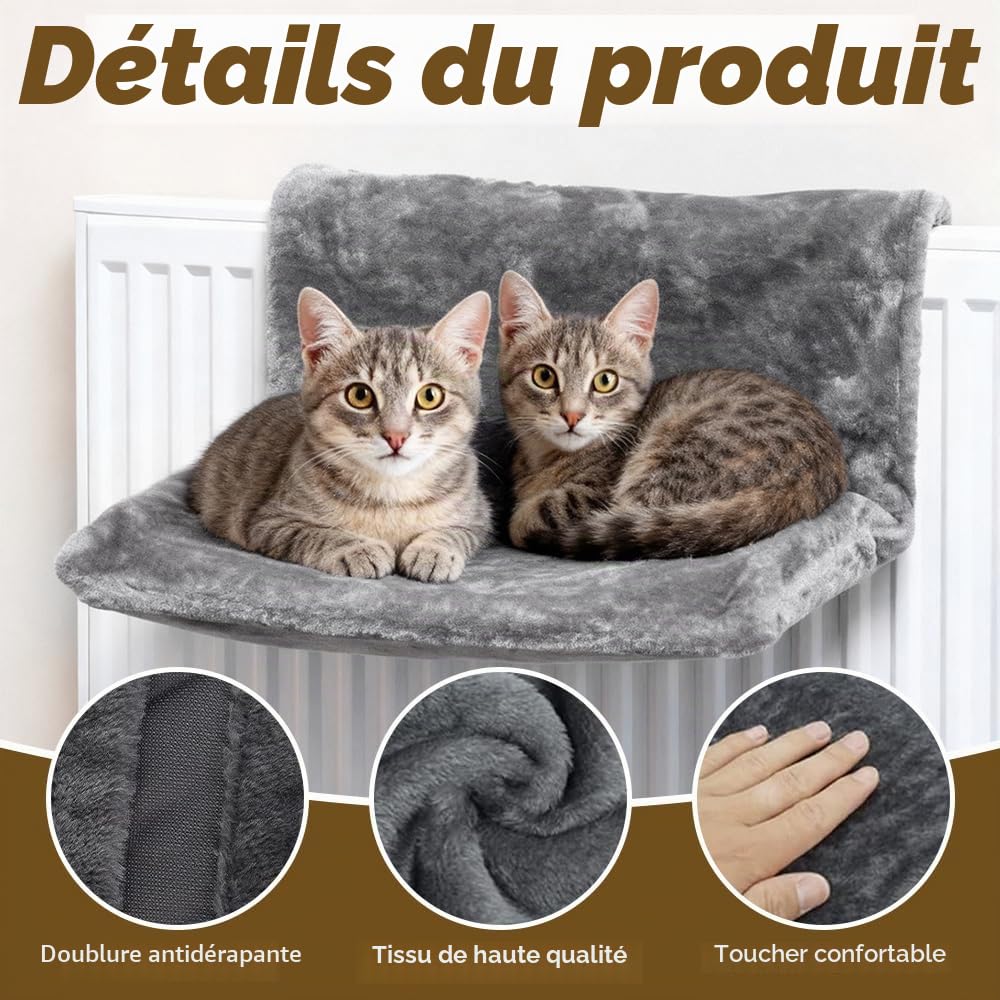 Lit chauffant pour chat, 45 x 30 cm, lit de radiateur pliable pour chat, lit suspendu pour chat, avec housse en peluche douillette et cadre en métal stable, lit chauffant, kit K pour tous les éléments