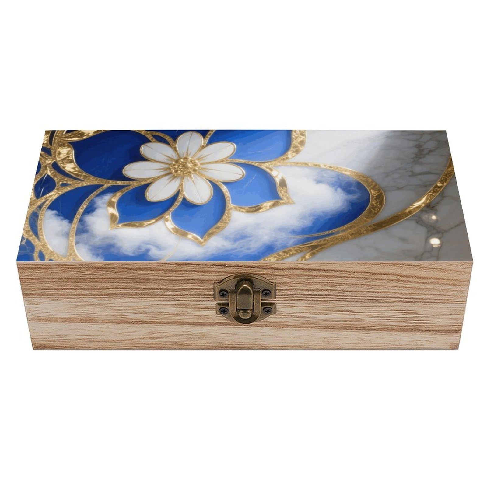 Turquoise Blue Gold Marble Wooden Keepsake Box Storage Boxes with Hinged Li
