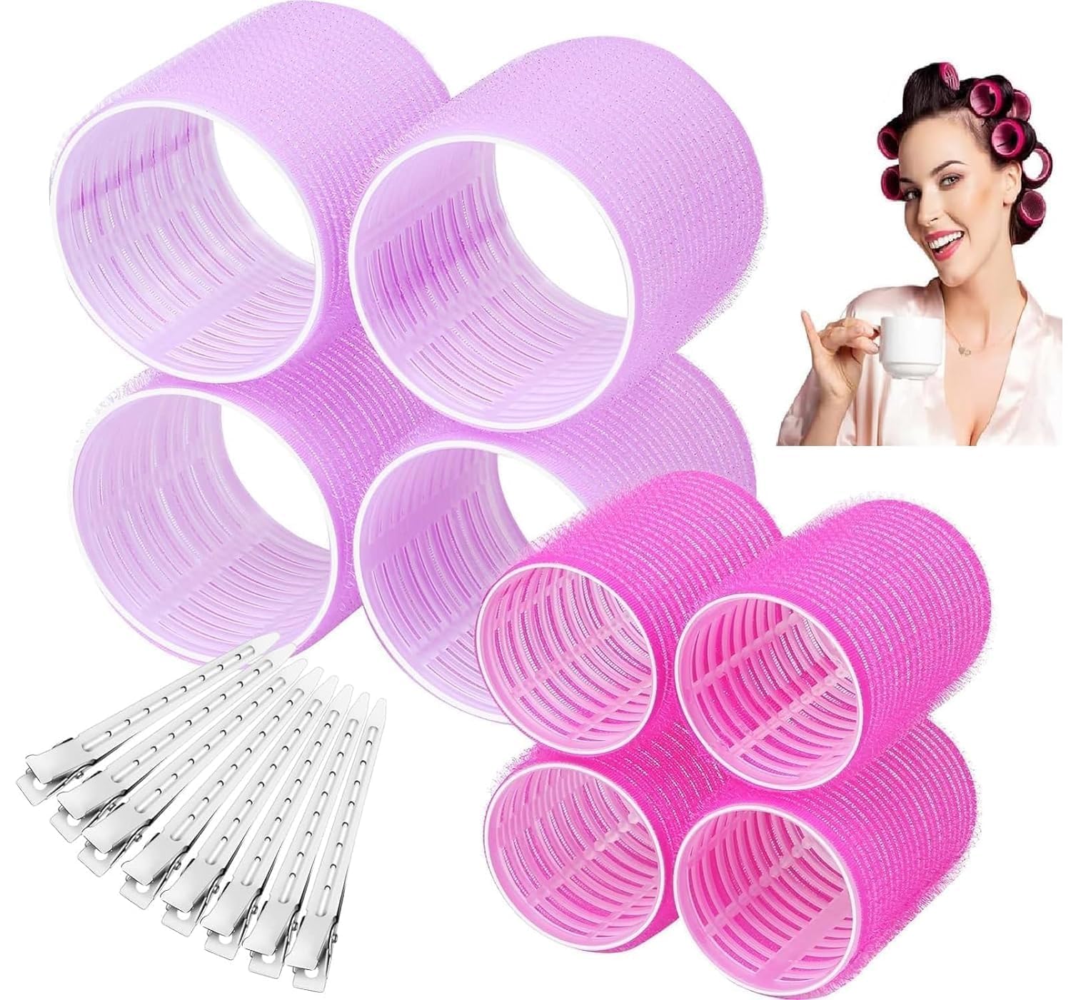 Spoken Self Grip Hair Rollers Curlers Set 8Pcs Heatless Self Grip Hair Rollers 2 Sizes (4 Jumbo & 4 Large) and 8 Pcs Hair Clips for Long Medium Short Thick Fine Thin Hair Volume