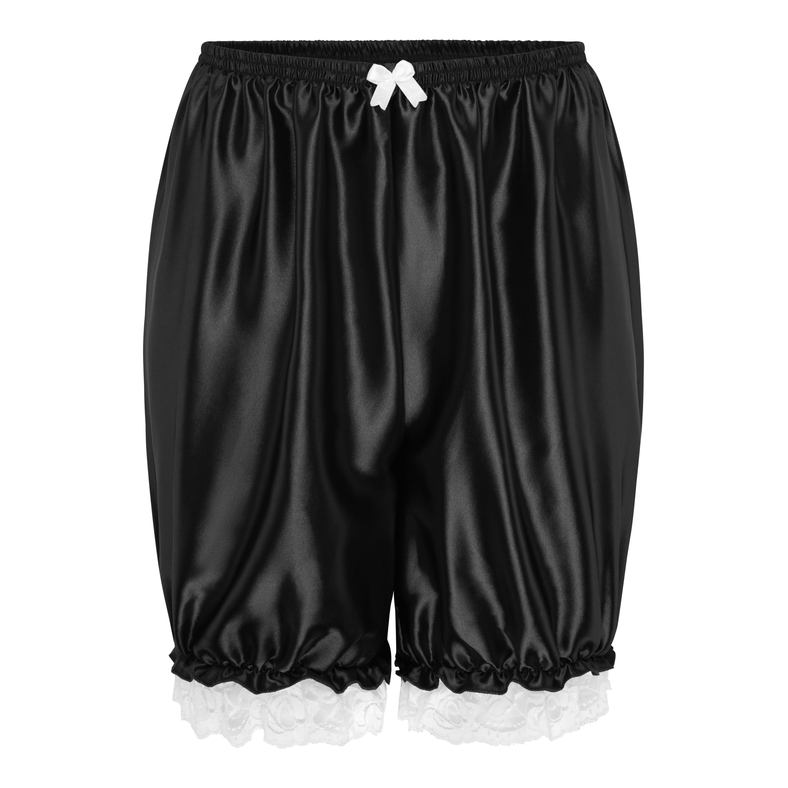 Satini Frilly Lace Sissy Ruffled Victorian Lolita Bloomer Shorts Silky Satin Pumpkin Pantaloon Pettipants (Black, L)