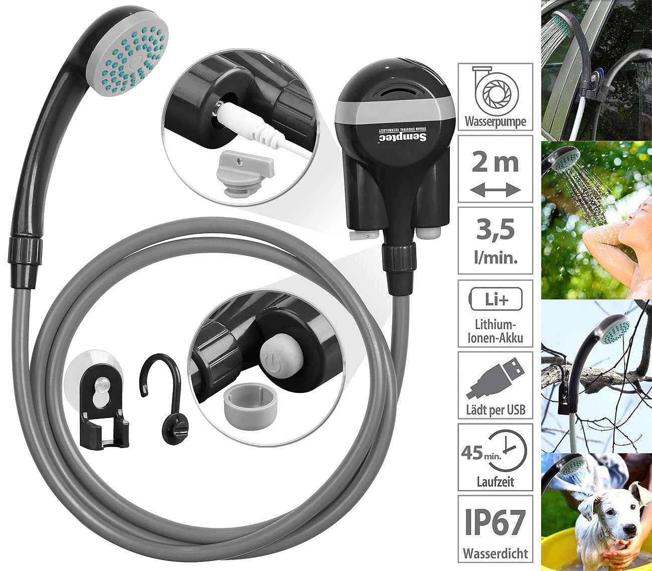 Douche nomade de camping électrique avec batterie [Semptec Urban Survival Technology]