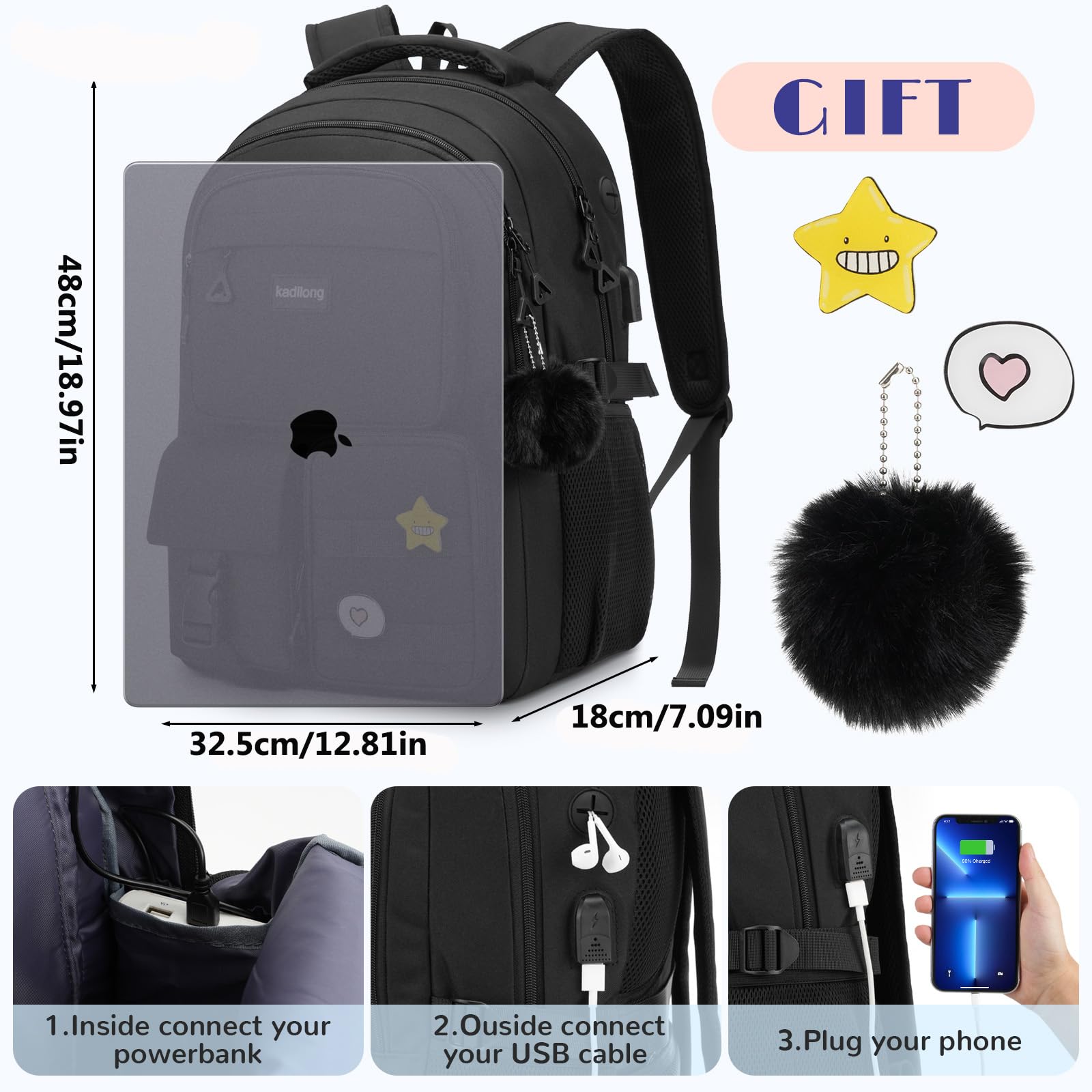 kadilong Zaino per computer portatile da 17,3 pollici, per donne, adolescenti, ragazze, per studenti universitari, medie e superiori, mochila escolares para niñas mujeres (nero)