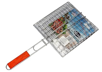 Moradiya Fresh Portable Barbecue Grill Net Basket | Roast Grilling Tray Chromium Plated with Wooden Handle | BBQ Square Grill Pan Basket |-Silver