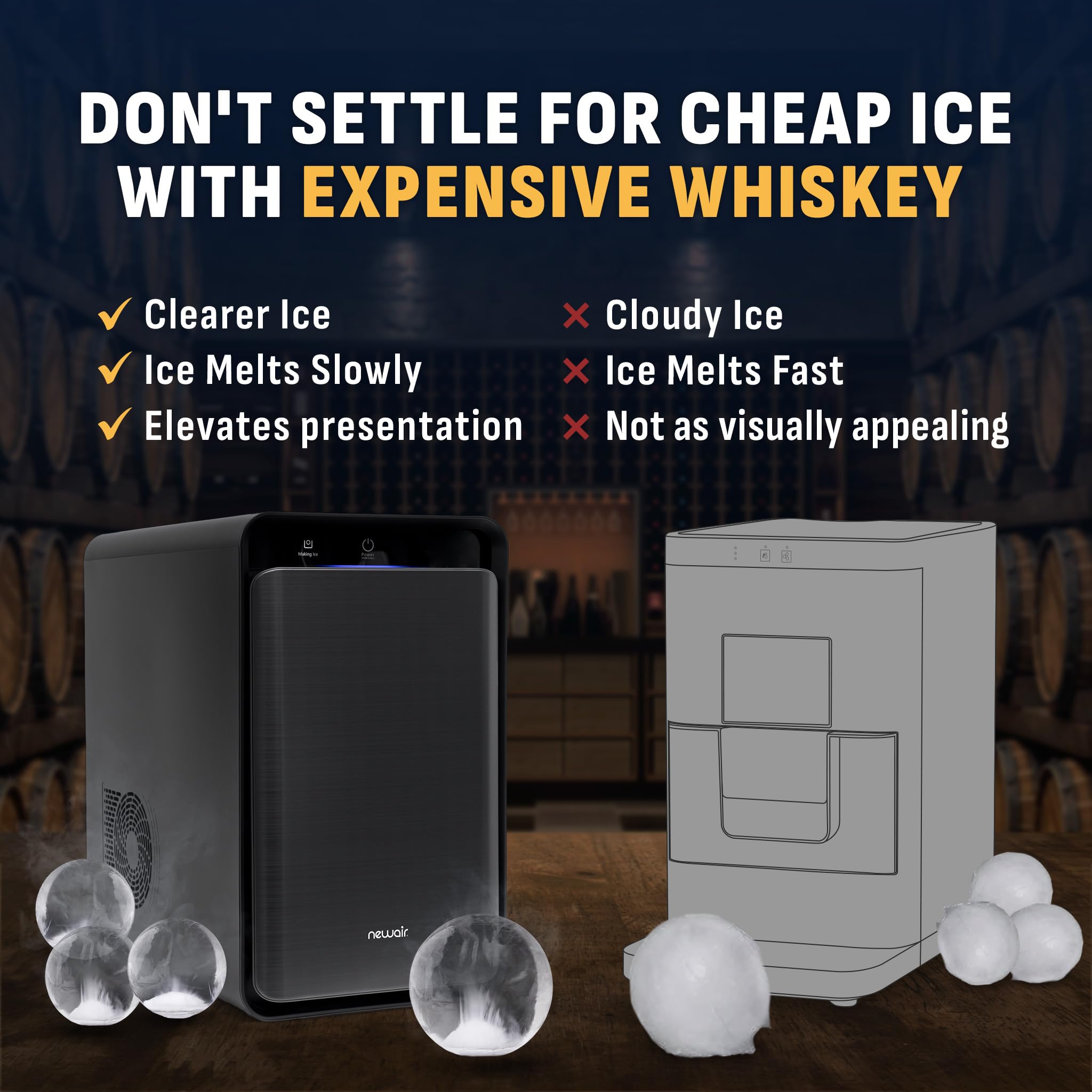 NewAir Whiskey Ice Ball Maker | Countertop Clear Ice Cube Maker For Your Evening Drink, | 32 Ice Spheres Per Day | Black Stainless Steel on Fridge.com - View 5
