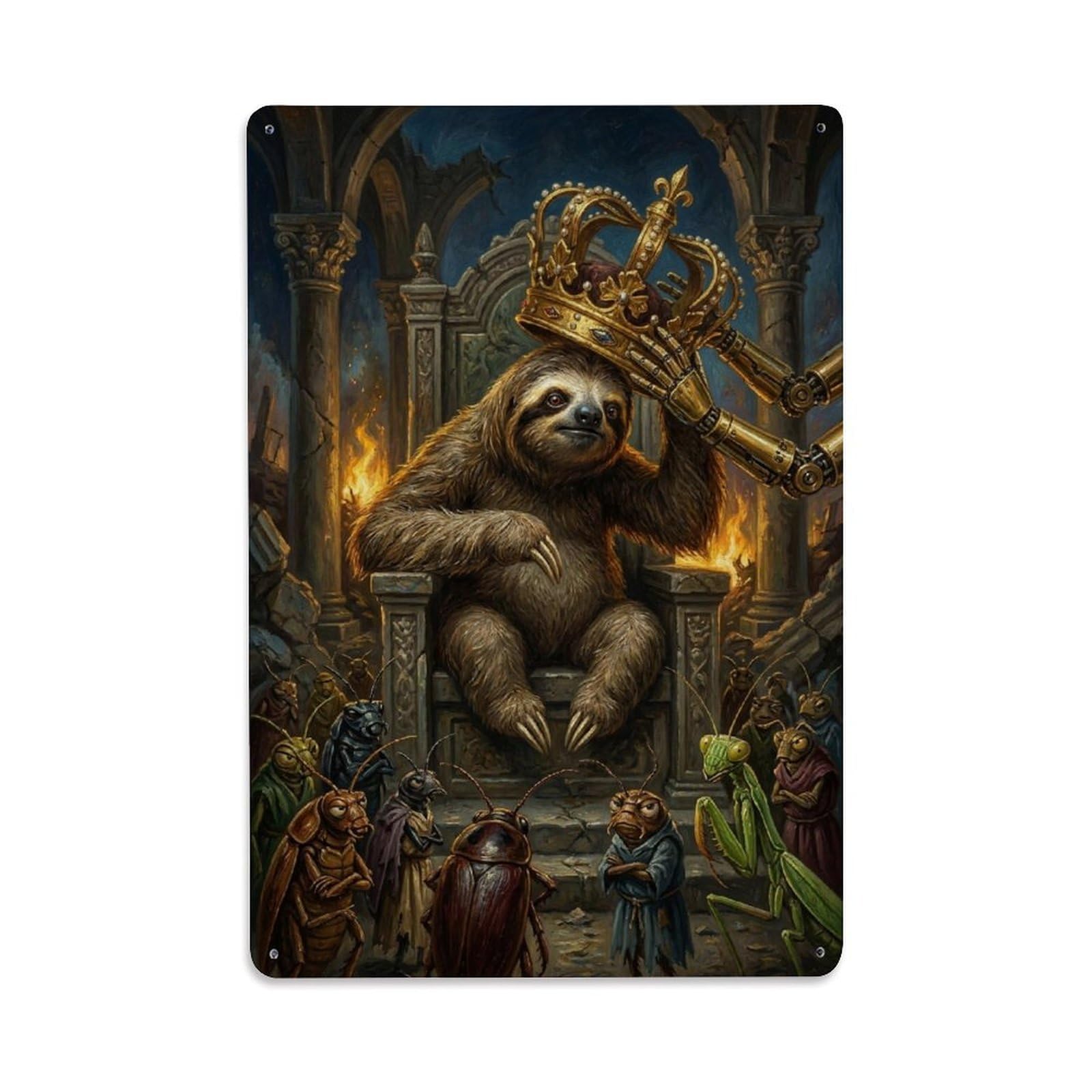 Sloth Crown Surreal Vintage Animal Kingdom Fable Nature Study Metal Tin Sign Plaque Wall Decor for Cafe, Man Cave, Club Bar, Office, Home Garden Round Metal Poster 8x12Inch