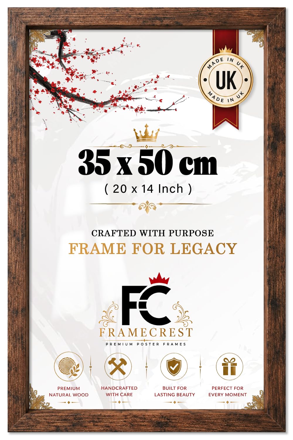 FRAMECREST LTD - 35 X 50 CM Poster Frame, Acrylic Front Poster For Portrait Orientation, Lightweight Picture Frame With MDF Back, Gallery Wall Mount For Prints 20 X 14 Inch - [Rustic]