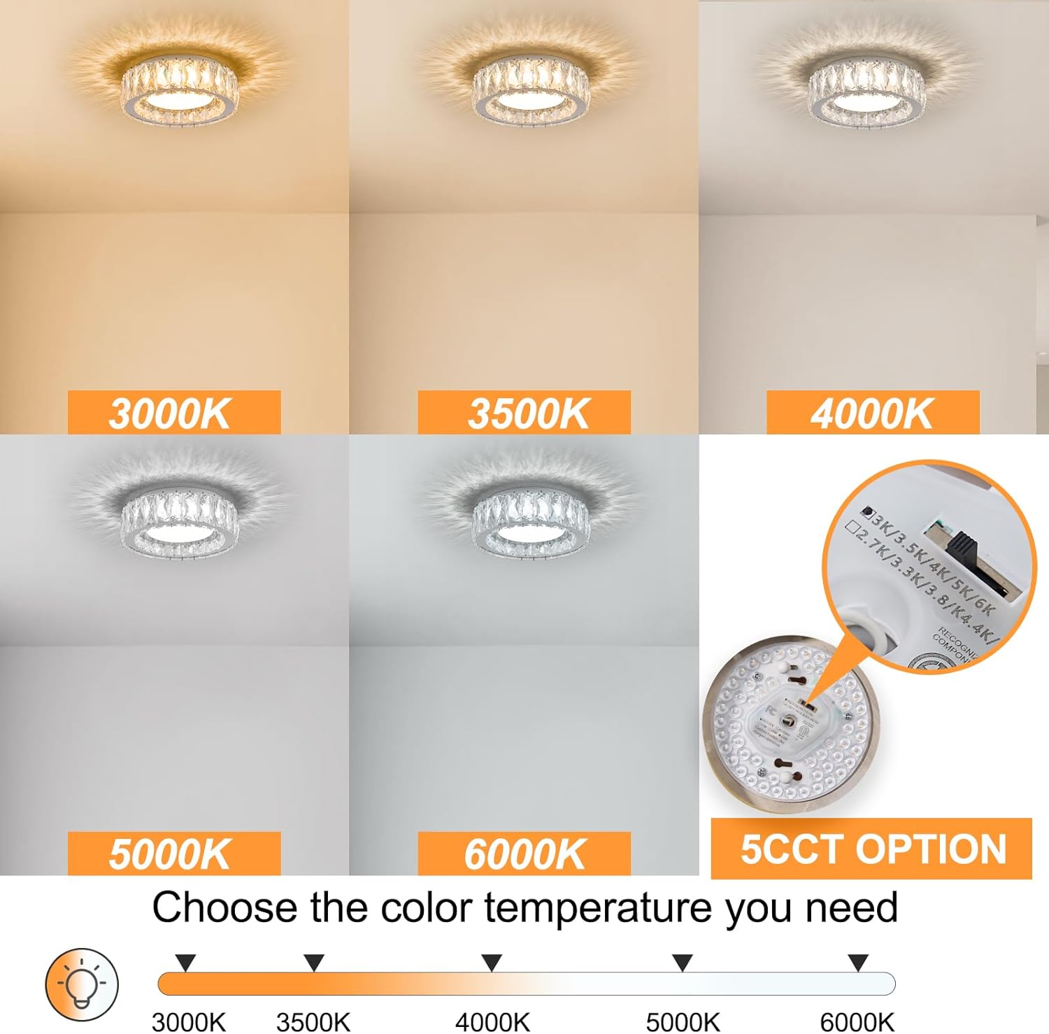 Dimmable Modern Luxury Crystal LED Flush Mount Ceiling Light,11 Inch 24W/5CCT 3000K-6000K Chrome Small Close to Ceiling Lighting Fixtures for Kitchen,Entryway,Laundry Room,Porch,Hallway