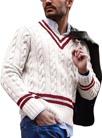 Makkrom Mens V Neck Pullover Sweaters Ribbed Knitted Cable Slim Fit Pullovers Top