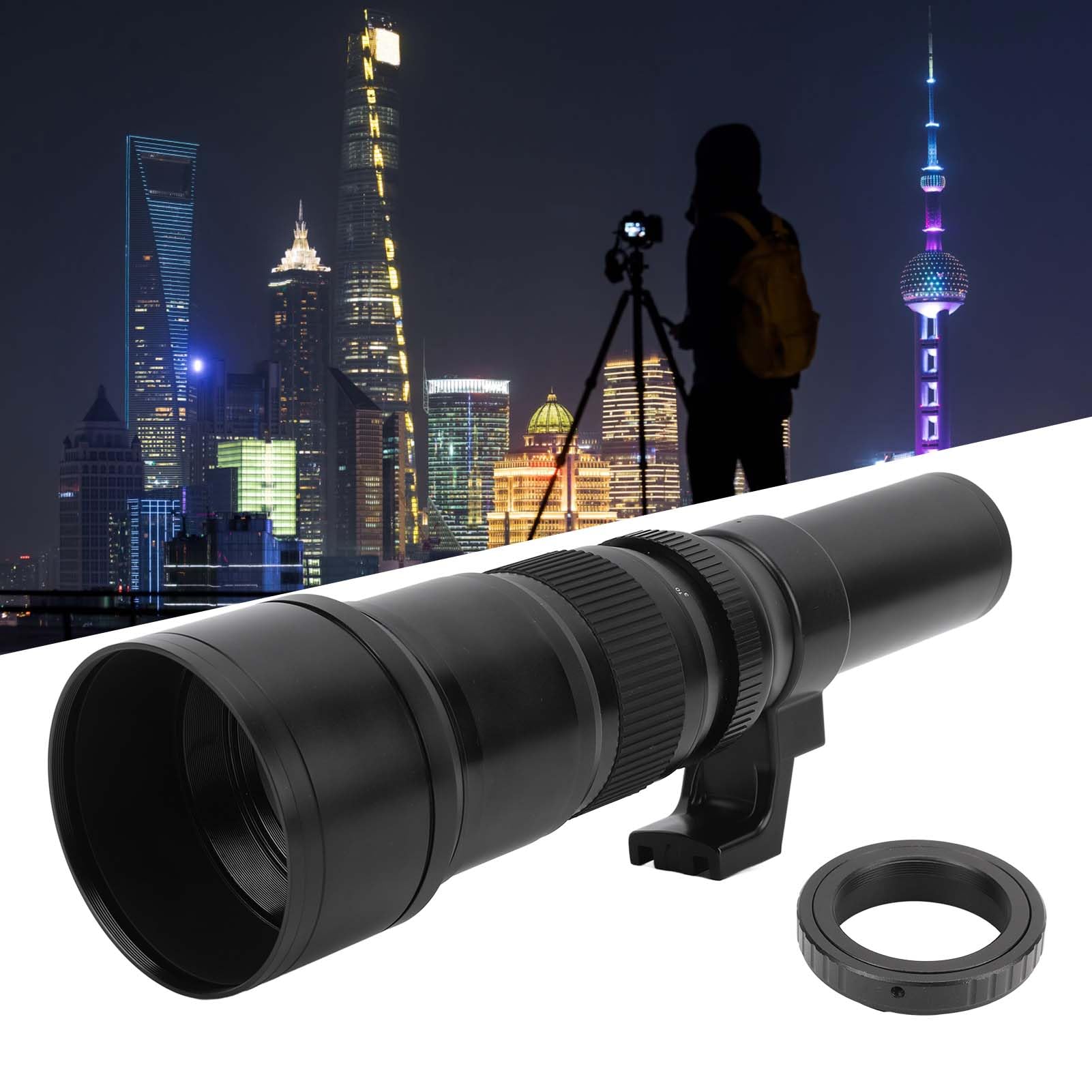 Teleobiettivo Prime da 500 Mm F/6.3 con Messa a Fuoco Fissa + Anello Adattatore per Montaggio Obiettivo AF T2, Teleobiettivo per Fotografia Astronomica per Fotocamera con (Nero)