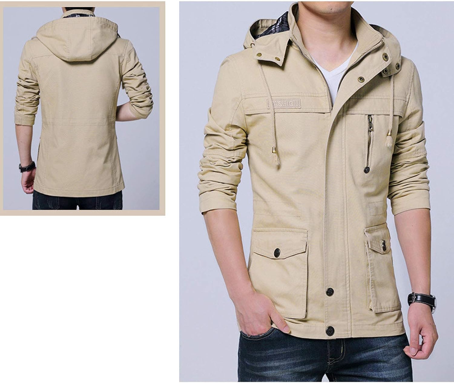 Flygo Men Full Zip Up Hooded Cotton Windproof Military Jacket Outdoor Windbreaker Coat (X-Large, Khaki)