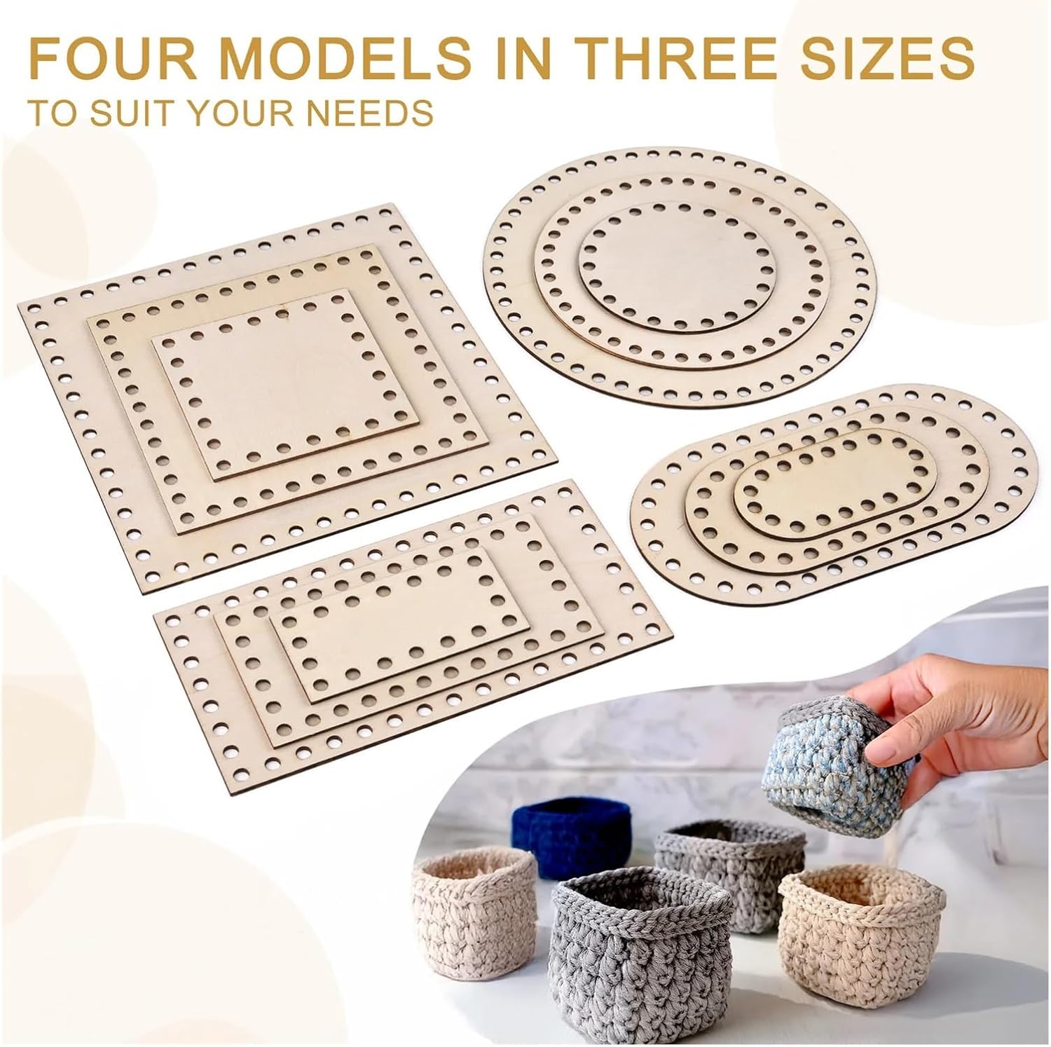 Wooden Basket Bottom 3 Pcs/Set Crochet Basket Base Unfinished Blank Carved Hand-Woven DIY Crafts Wooden Bottom for Knitters(Square)