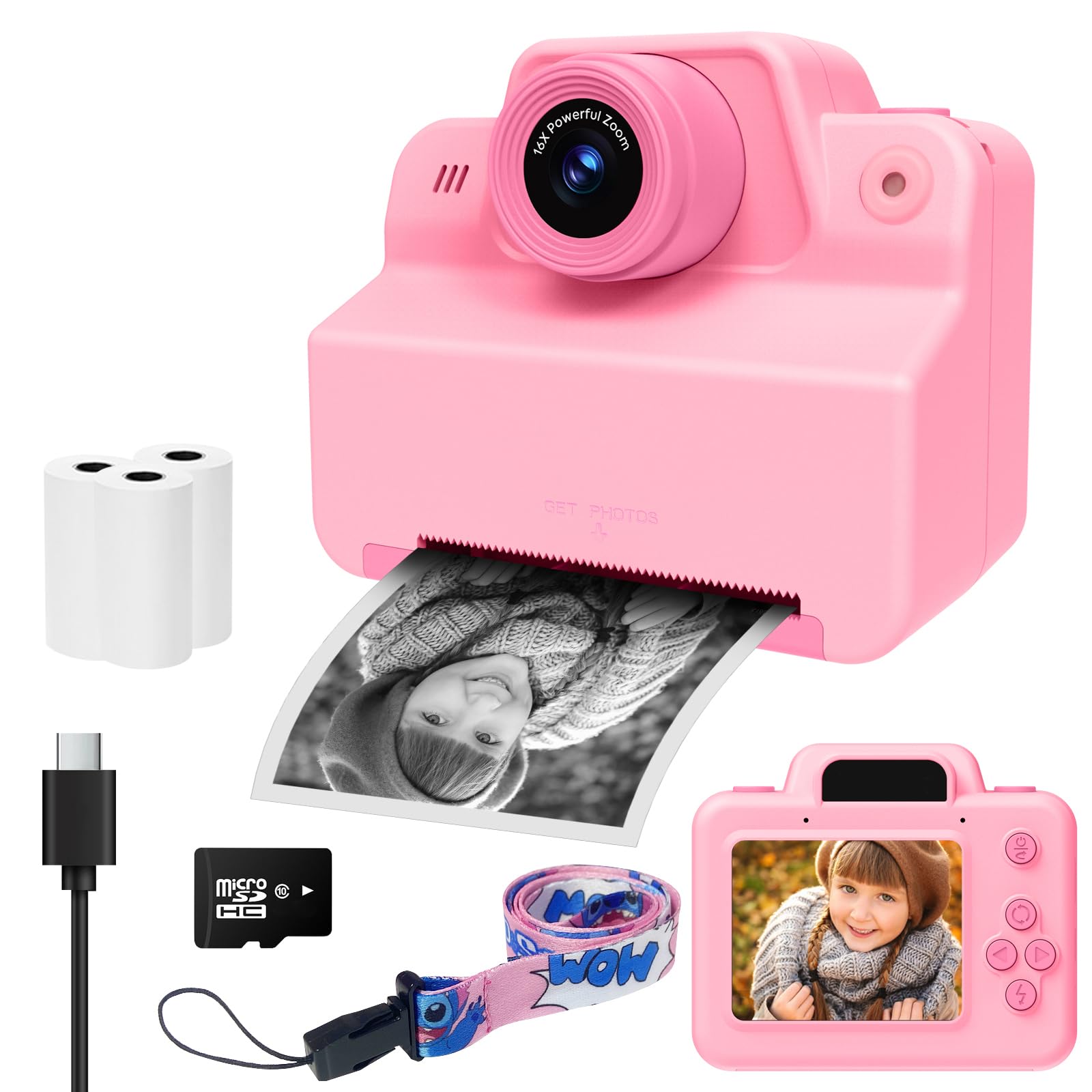 Fotocamera istantanea per bambini, con scheda SD e carta da stampa, 1080P, fotocamera digitale per bambini, regalo di compleanno di Natale, per ragazzi e ragazze, 3-12 anni (rosa)
