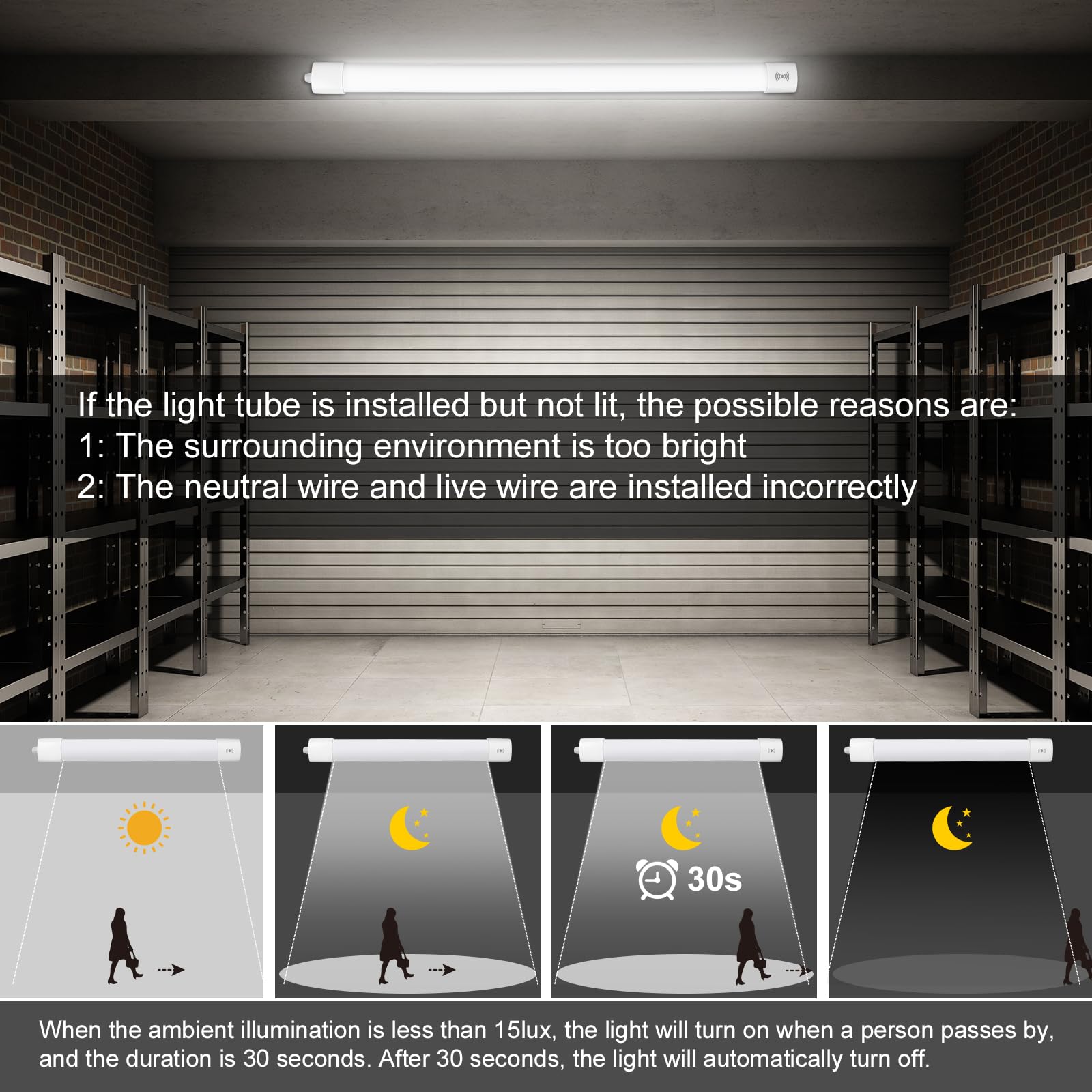 2 luces LED de neón de 120 cm, tubo LED 36 W, 4000 lúmenes, techo con detector de movimiento, IP65 impermeable para taller, sótano, oficina, granero, tienda