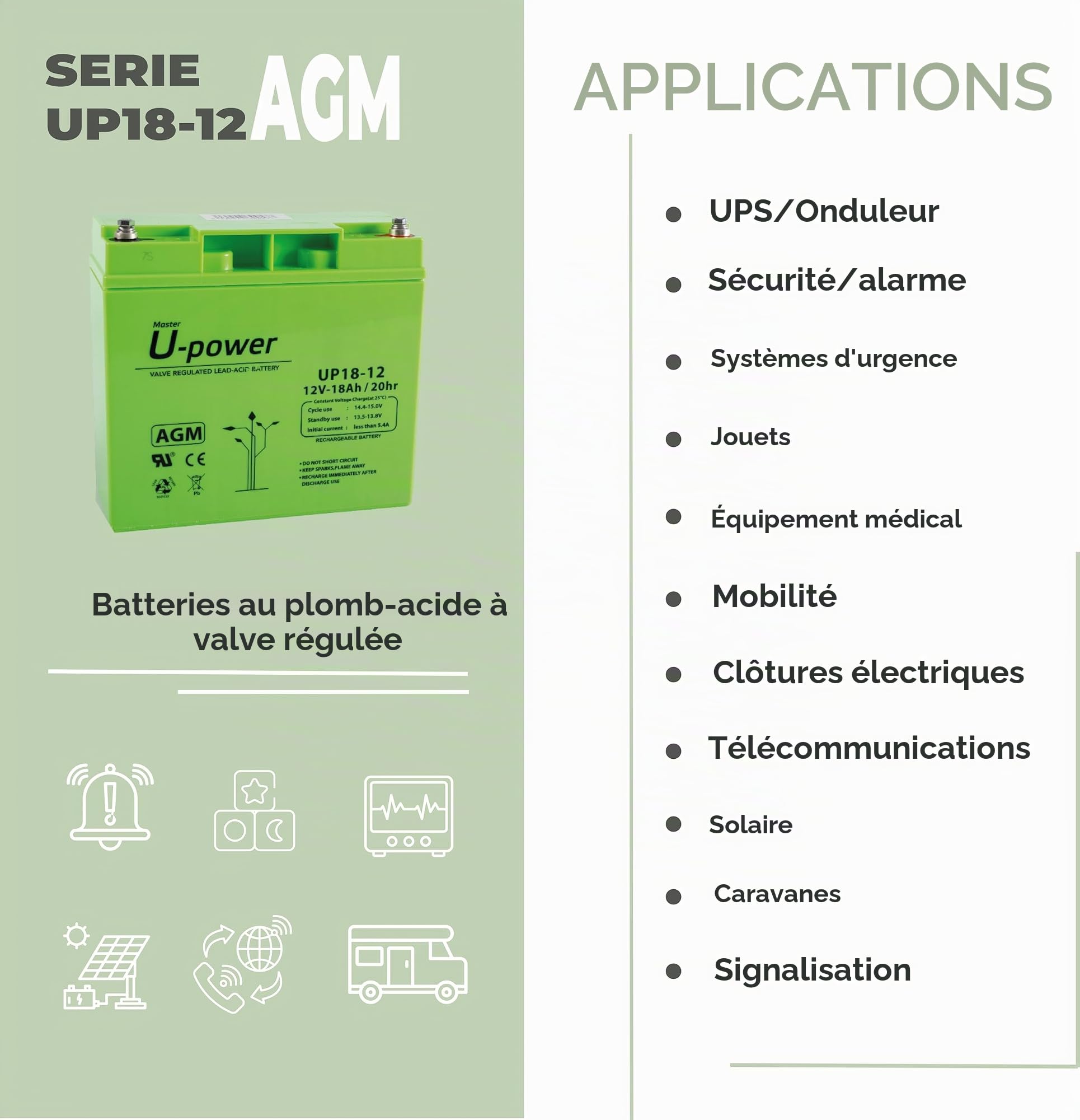Batería U-Power Plomb AGM 12V 18Ah T6mm (Lot de 2)