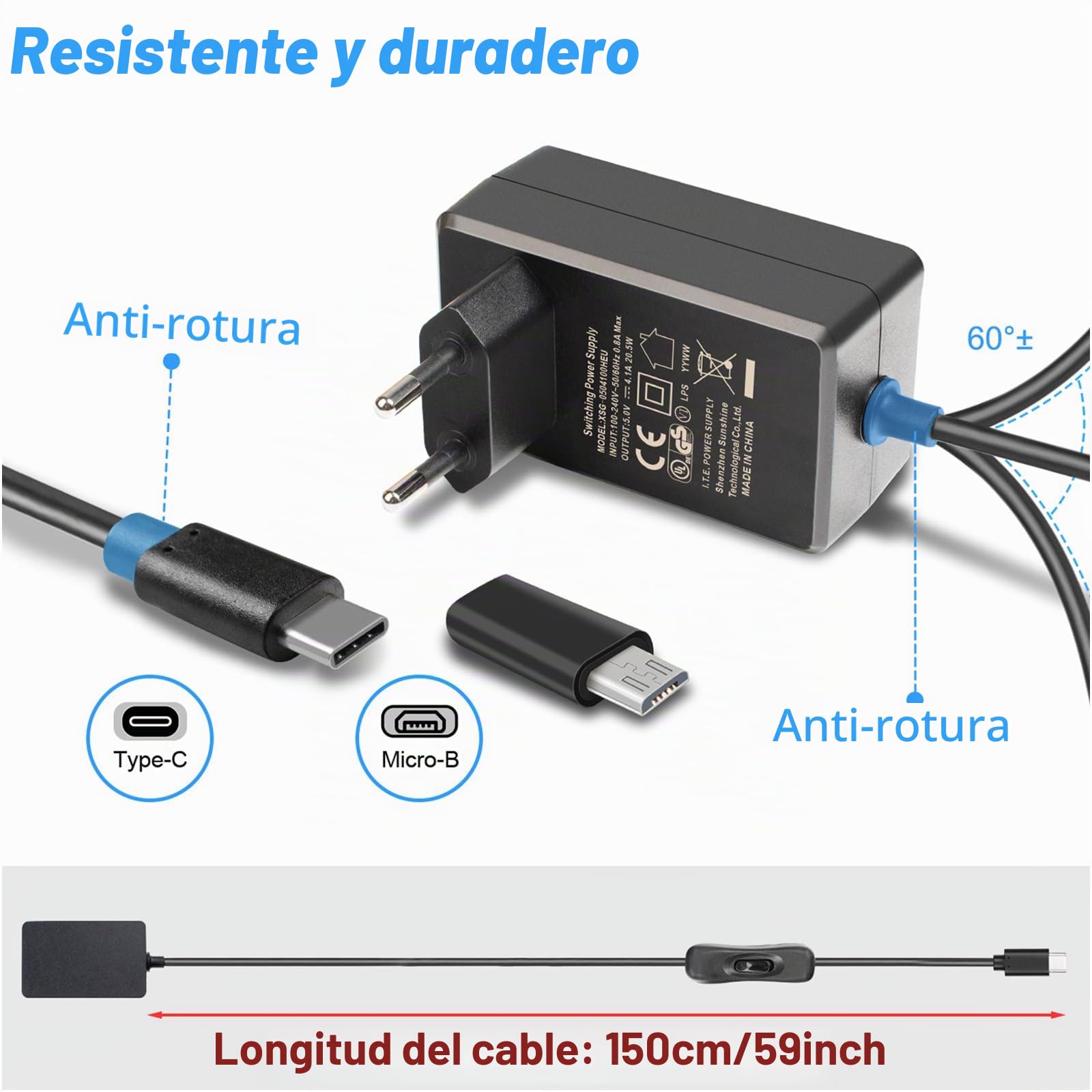 Miuzei Raspberry Pi 4 y 5 3 Fuente de alimentación 5V 4,1 A 20,5W USB C Power Supply con Interruptor de Encendido/Apagado Enchufe Europeo Cargador para Raspberry Pi 5 y 3 4 Modelo B 8GB 4GB 2GB 1GB