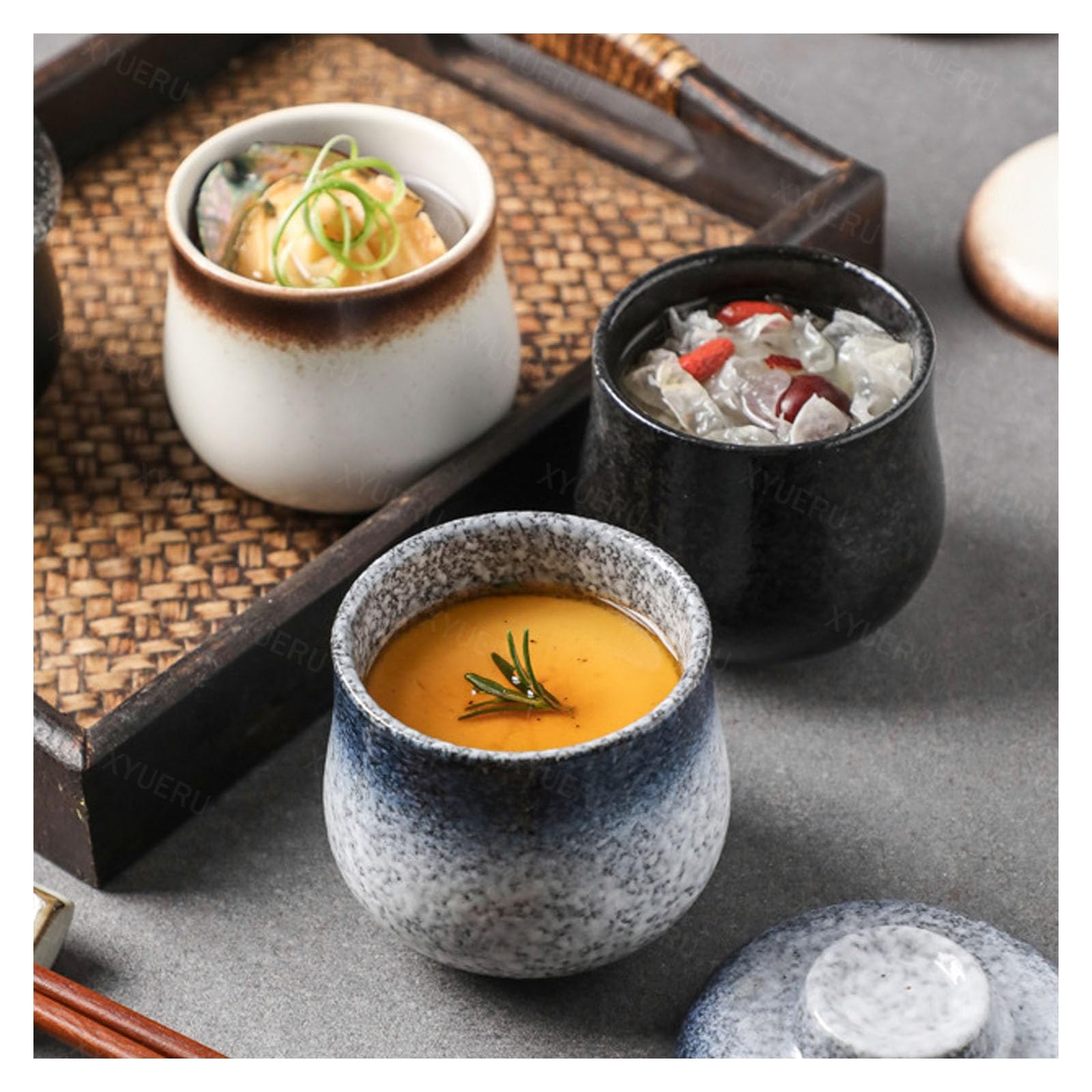 Coquetier avec couvercle, ustensile de cuisine rétro en céramique, cocotte japonaise 250 ml pour œufs à la coque, pudding, soupe, parfait pour le petit déjeuner et les recettes