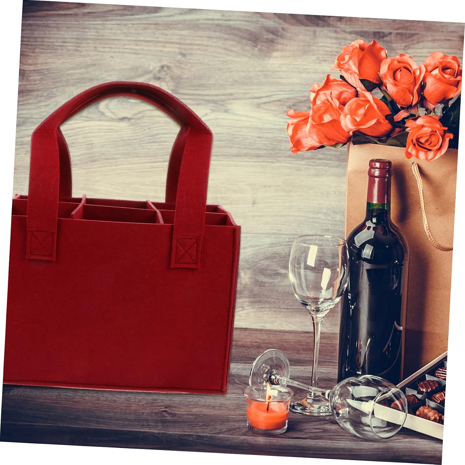 Red Felt Wine Bottle Bag for Six Bottles, Foldable Carrier